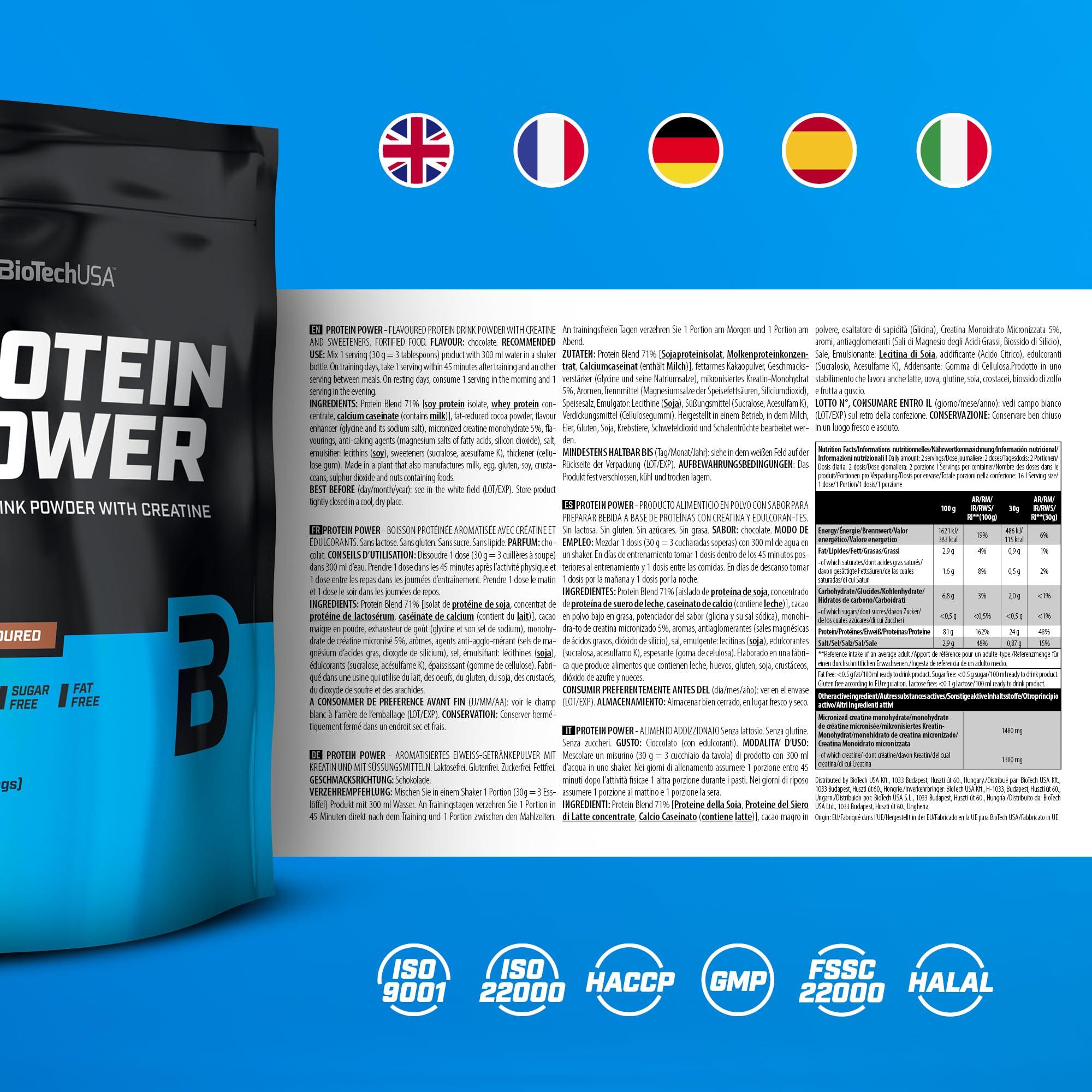 BioTechUSA BioTechUSA Protein Power | High Protein, Sugar-Free, Lactose-Free, Gluten-Free | Added Creatine, 500 g, Chocolate