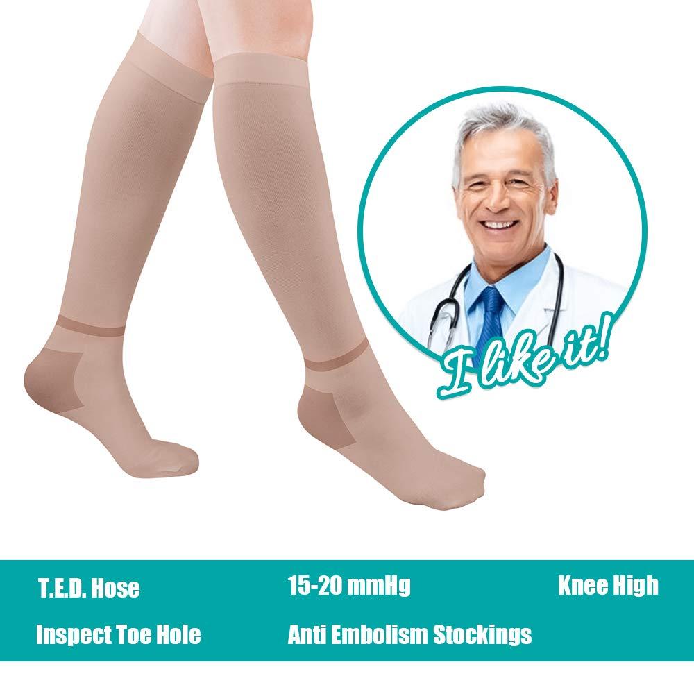 SKYFOXE T.E.D. Anti Embolism Stockings Thigh High Knee High for Women Men, 15-20 mmHg Compression TED Hose with Inspect Toe Hole