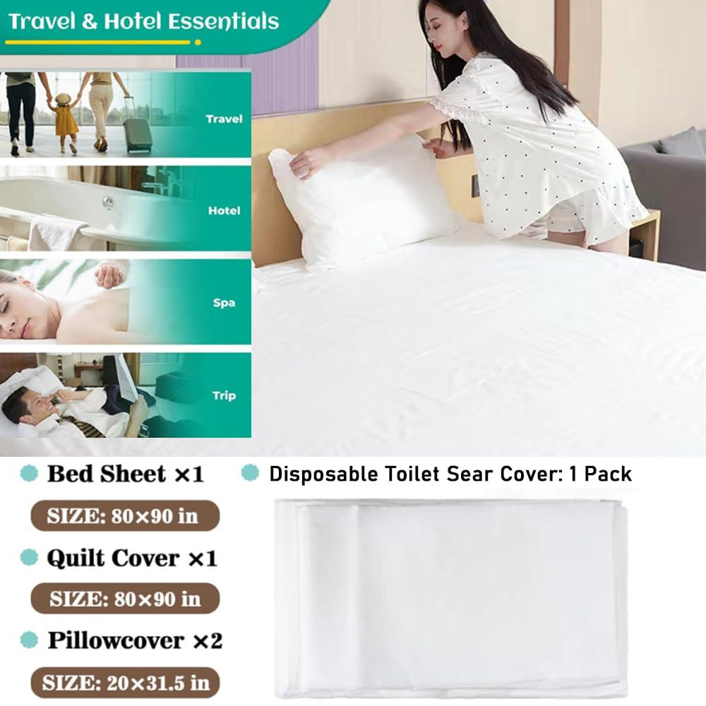 LRUUIDDE Disposable Travel Bed Sheets King Size, Disposable Hotel with Quilt Cover and Pillowcase, Disposable Bedding Travel Bedding Disposable Sheets for Business Travel Hotel Essentials( 4-Piece ) (2pack)