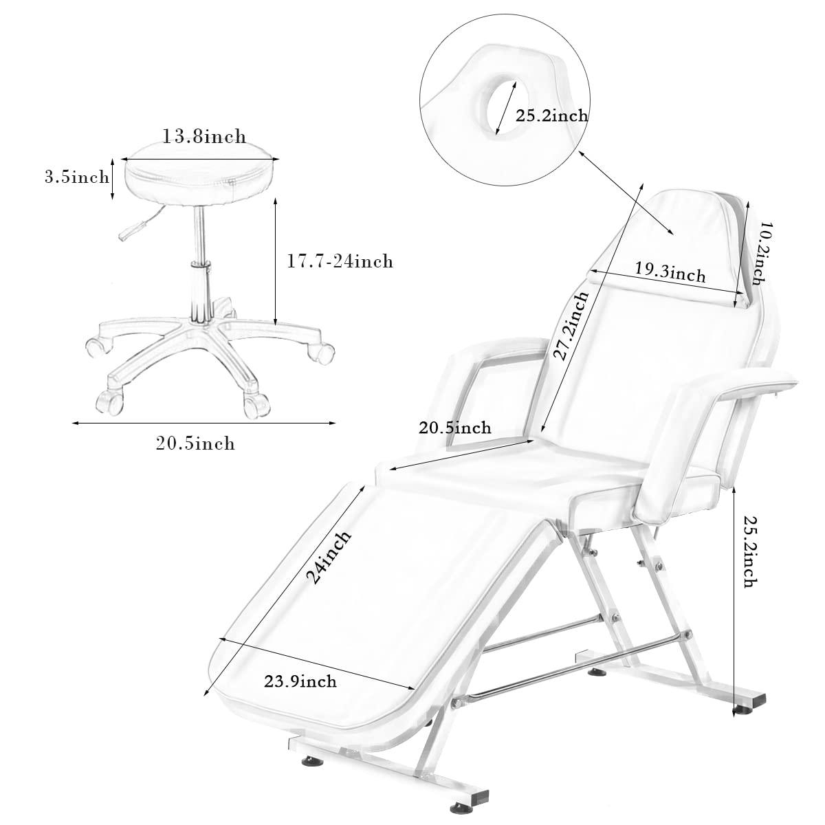 LSBIKE LSBIKE Beauty Bed with Stool and Sheets Adjustable Massage Chair Reclining Salon Bed Lash Chair with Removable Armrests Headrest Massage Table Set for Spa Salon Tattoo Facial (White)