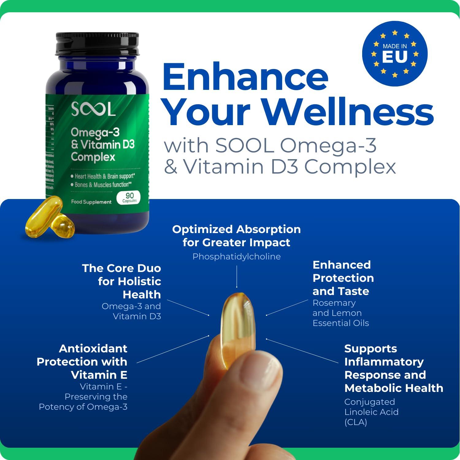 SOOL SOOL Omega-3 & Vitamin D3 Complex Soft Gels, 90 Capsules I 20% EPA & 50% DHA I Two-a-Day Omega-3 Supplement I Vitamin D3 2000IU per Serving I High Absorption Formula I Brain Function & Mental Clarity