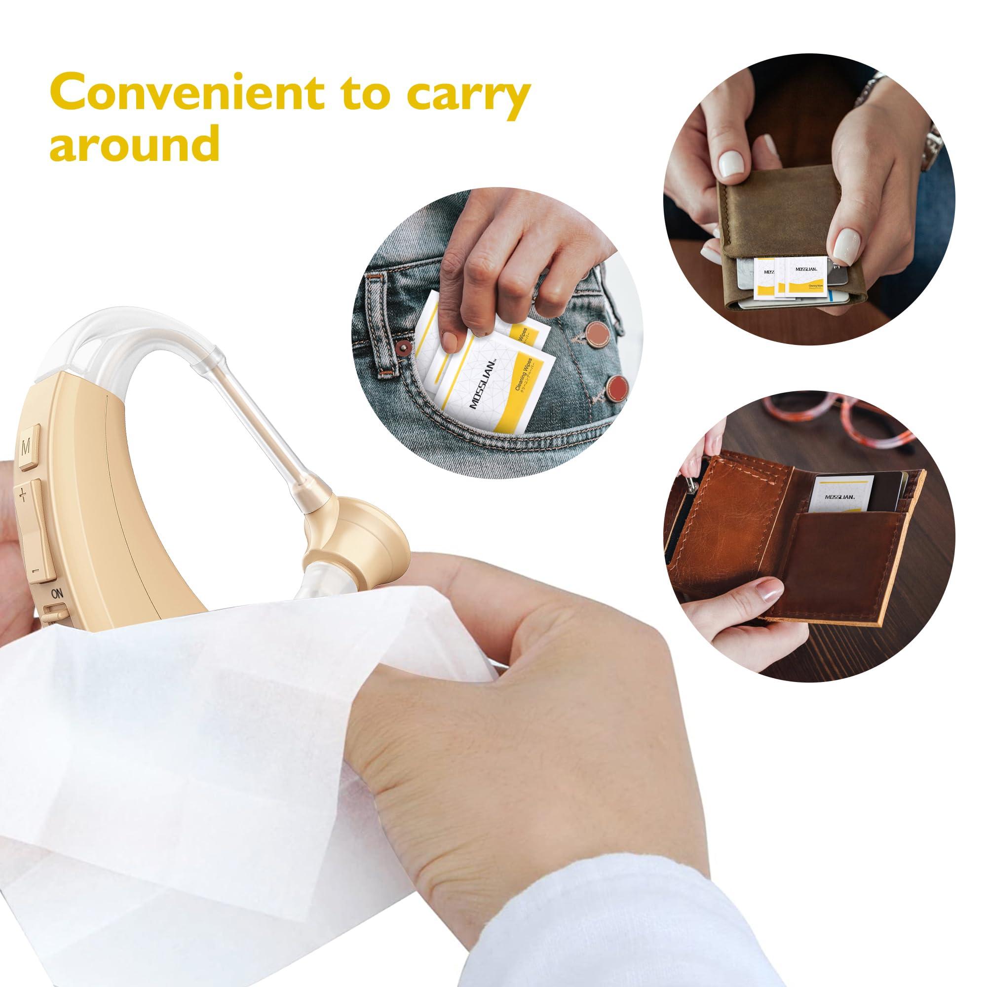 MOSSLIAN MOSSLIAN 100 Pack Hearing Aid Cleaning Wipes Individually Wrapped,Hearing Aid Wipes,Hearing Aid Cleaning Kits,Hearing Aid Accessories,Cleaning Wipes for Screen,Glasses,Phone