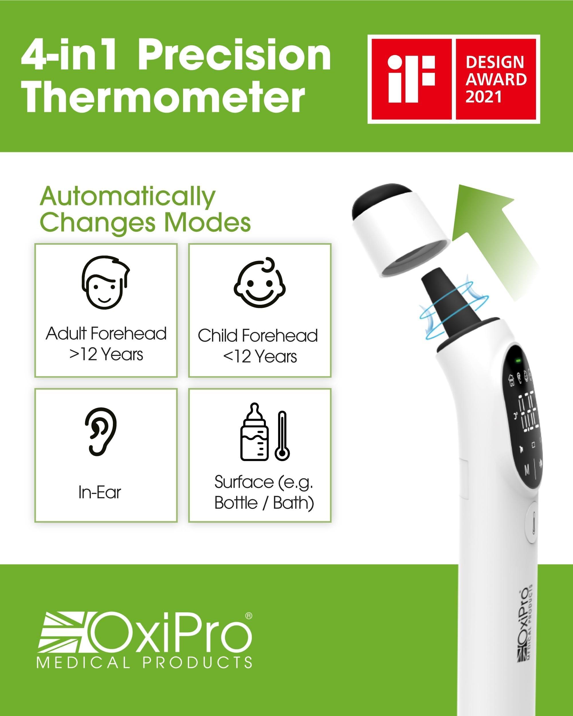 OxiPro OxiPro TH2 Thermometer - NHS Supplier - German Sensor - IF Award Winner - CE Approved - In-Ear, Forehead, Non-Touch & Baby Modes - Infrared Thermometer for Newborn, Baby, Kids, Children & Adults