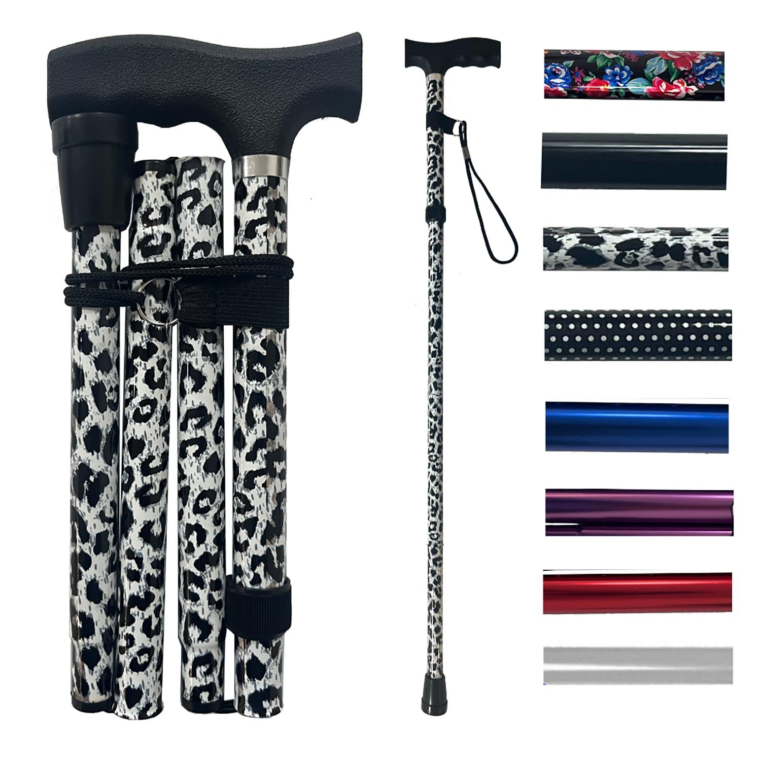 LIFE Life Healthcare Walking Stick for Women, for Elderly Or Disabled, Folding Adjustable Height, Right Or Left Handed, Non-Slip Rubber Tip, Wrist Strap, Lightweight (Black Leopard)