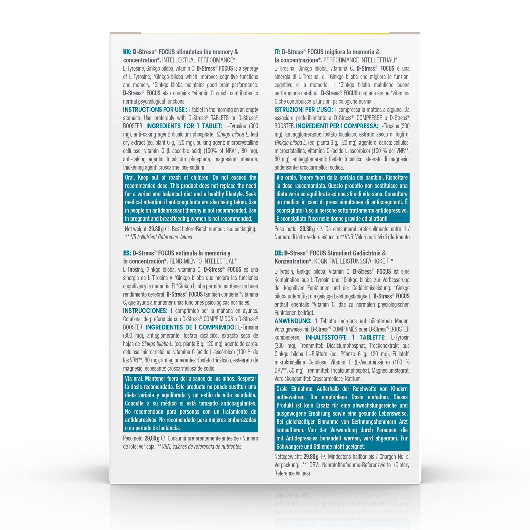 Synergia D-STRESS FOCUS 30 tablets | L-Tyrosine, Ginkgo biloba and Vitamin C | Stimulates memory and concentration | Vegan, Gluten free, Soy free, GMO free | Origin France | Laboratoire SYNERGIA