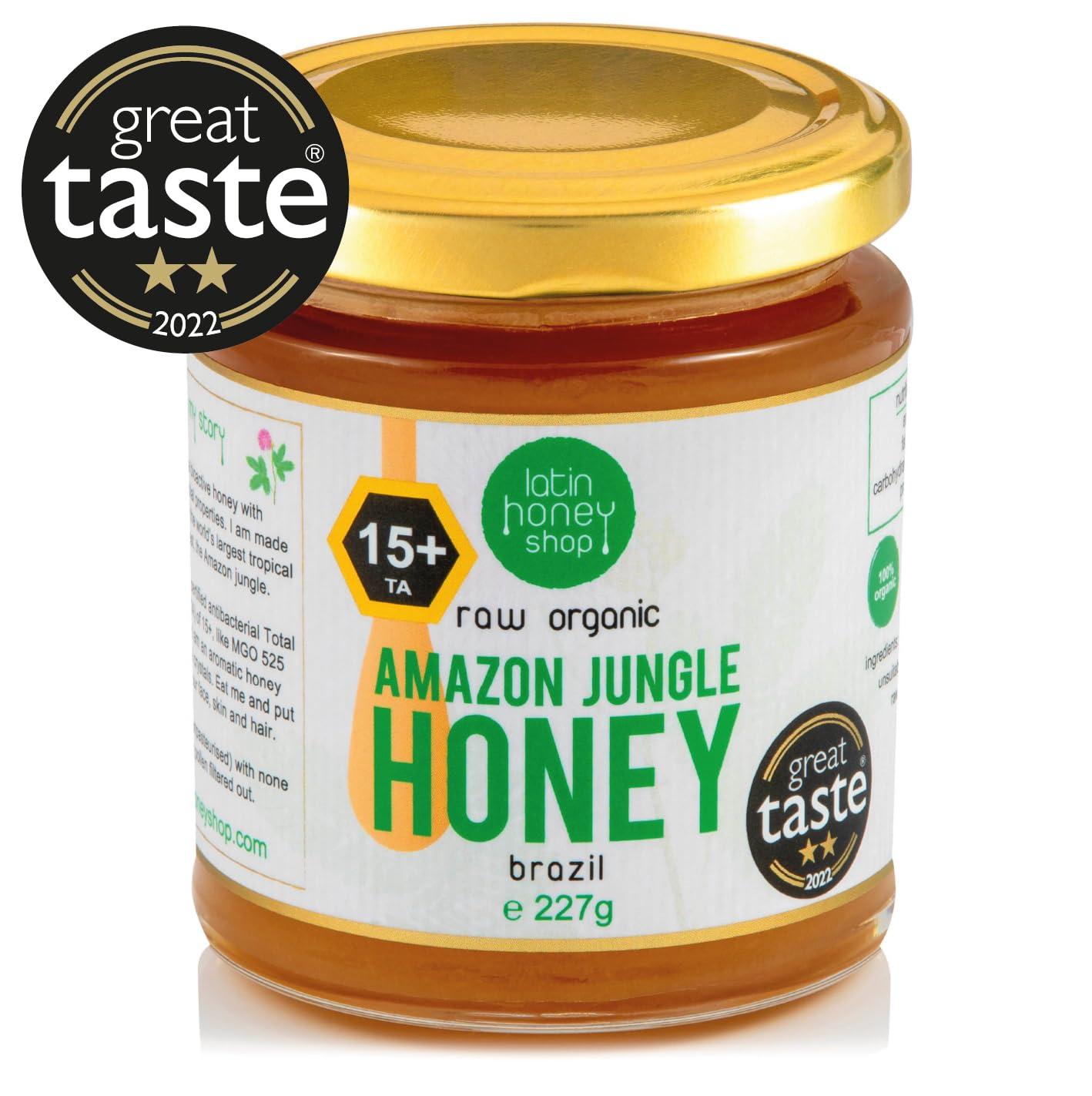 Latin Honey Shop 15+ Active Raw Organic Amazon Jungle Honey Brazil, 227g. Equal to 15+ Manuka. Certified Organic. 2-Star Great Taste Award. Unpasteurised Crystallised Set with Enzymes and Pollen - Latin Honey Shop