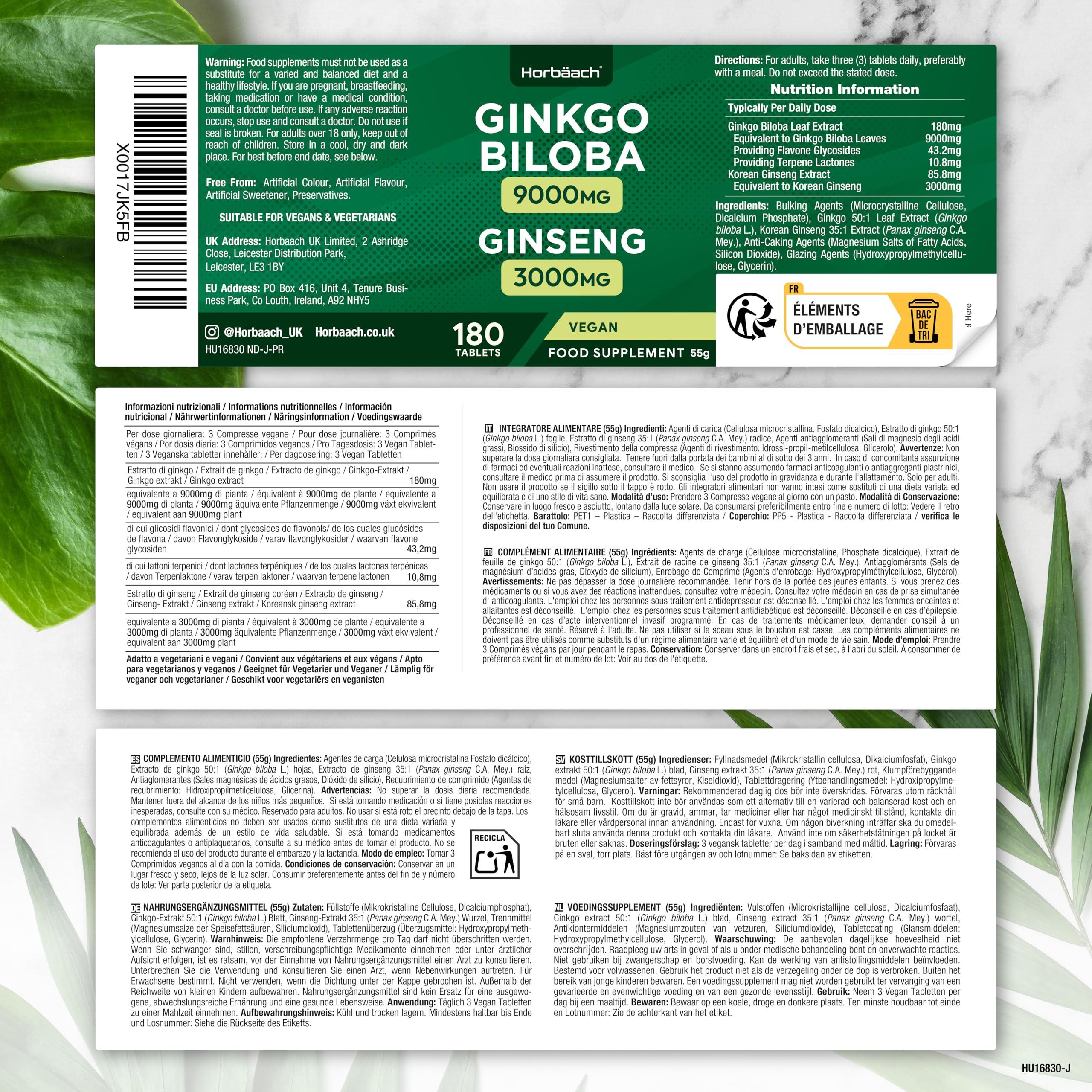 Horbach Ginkgo Biloba and Korean Ginseng Tablets | High Strength | Ginkgo 9000mg & Ginseng Root 3000mg | 180 Vegan Tablets | by Horbaach