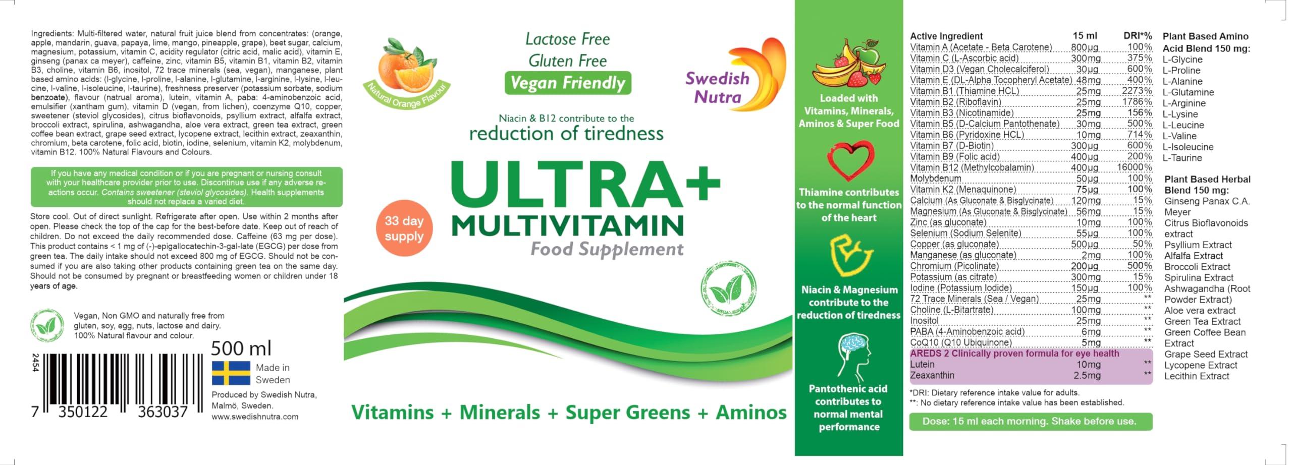 Swedish Nutra Swedish Nutra - Ultra+ Multivitamin Liquid Food Supplement - Pack of 500 ml, 33 Day Supply | Packed with Vitamins, Minerals, Super Greens and Aminos to Boost Energy & Immunity I Natural Orange Flavour
