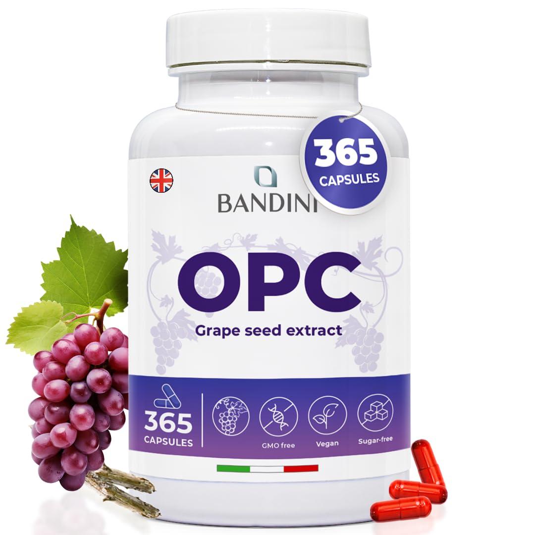 BANDINI Bandini OPC Supplement (95%) Grape Seed Extract | 1076mg OPC + Vitamin C | 365 Capsules | High Strength Antioxidant | Pure Oligomeric Proanthocyanidin 95% from Italian Grapes | Highest HPLC Content