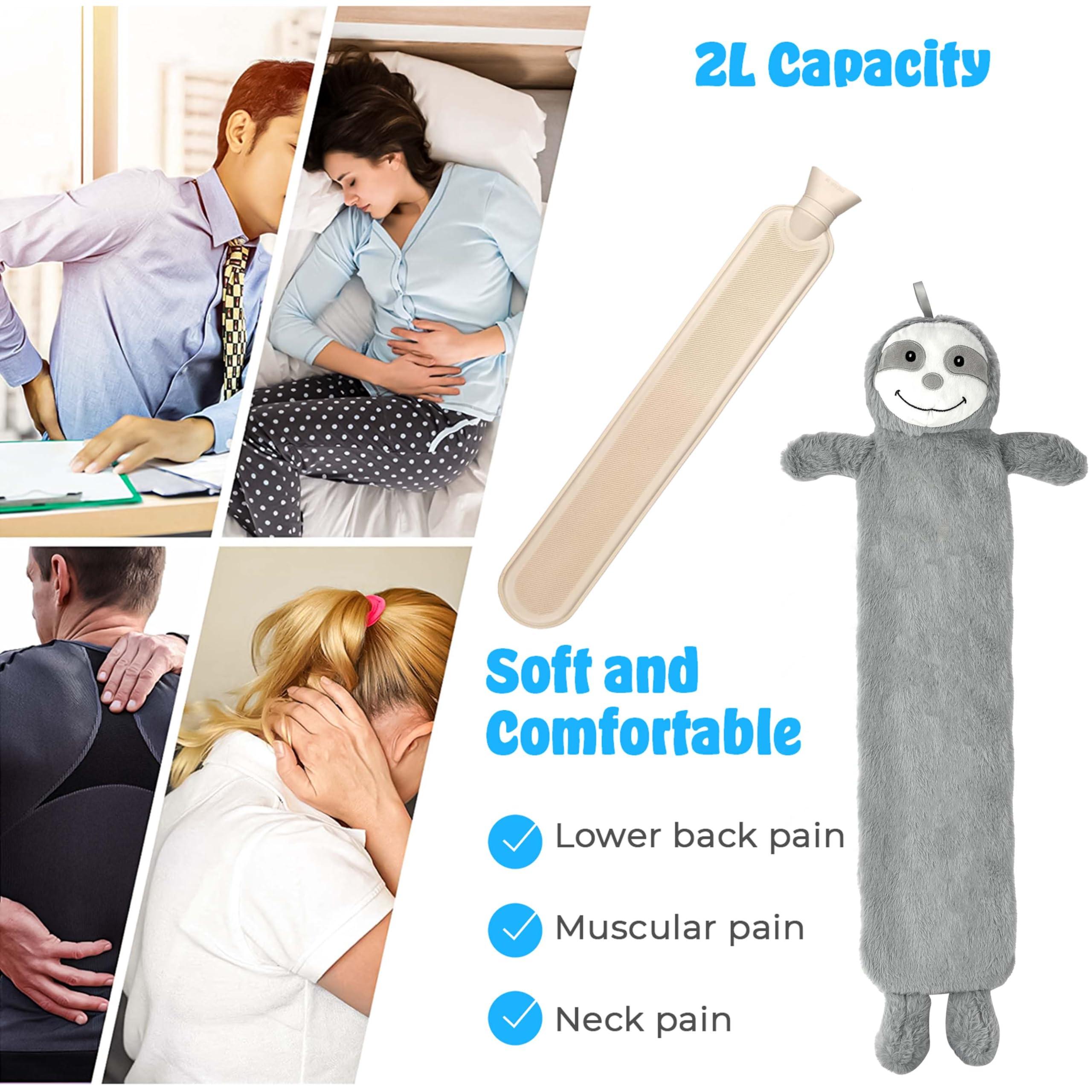 Crystals Crystals 1L or 2L Happy Sloth Hot Water Bottle - Natural Rubber for Longer Heat Hot Water Bag for Pain Relief on Aches or Injuries, Hand Feet Warmer, Neck and Shoulder Pain Relief (Extra Long 2L)