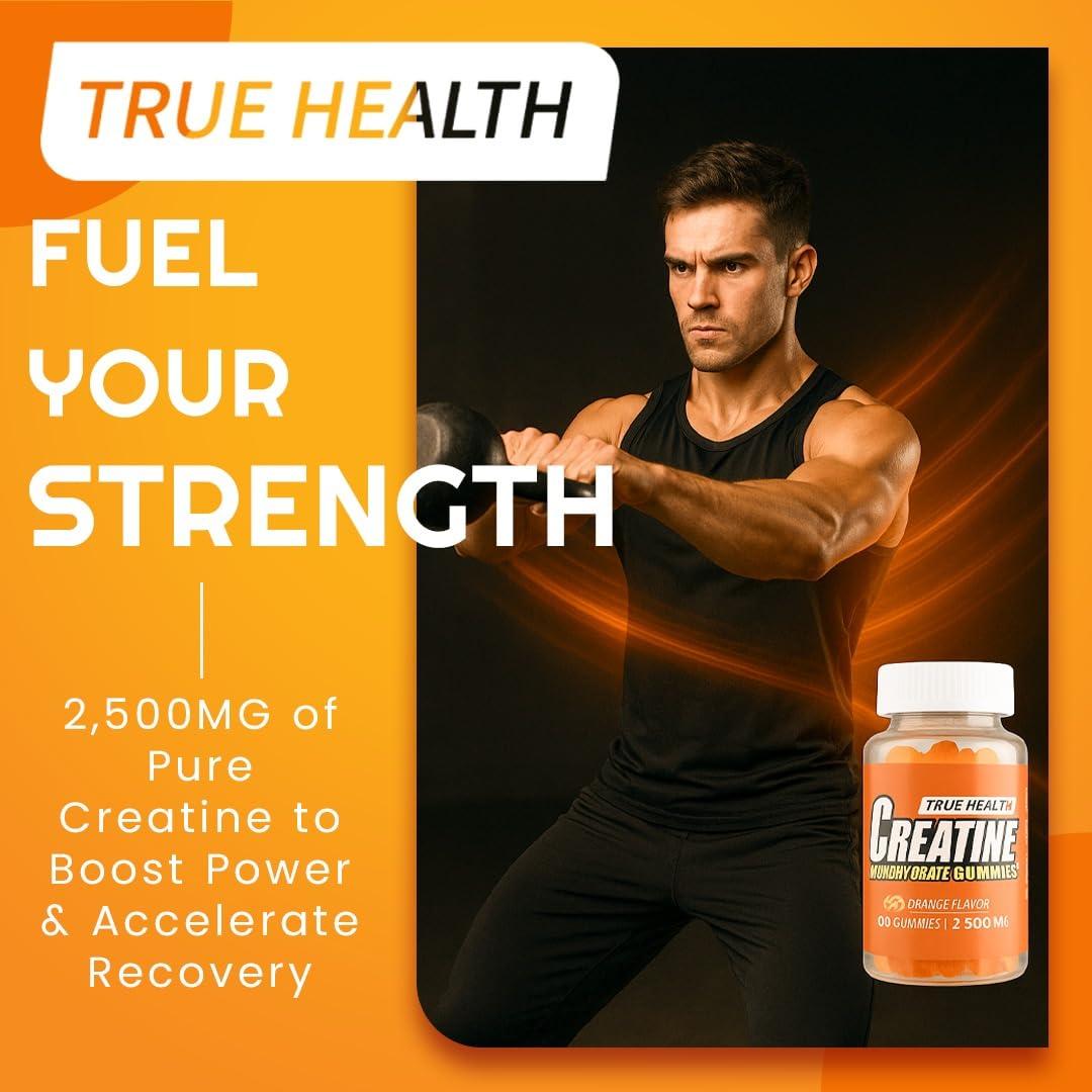 TRUE HEALTH True Health Creatine Monohydrate Gummies - Vegan Muscle Recovery Supplement, Orange Flavor, 60 Count - Easy & Tasty Post-Workout Boost