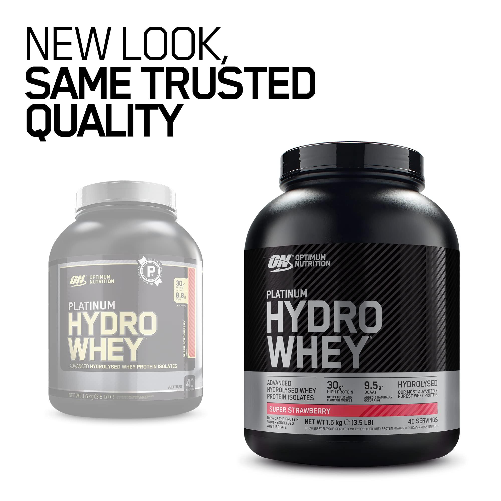 Optimum Nutrition Optimum Nutrition Platinum Hydro Whey, Hydrolysed Whey Protein Isolate Powder with Essential Amino Acids, Glutamine and BCAA, Super Strawberry Flavour, 40 Servings, 1.6 kg