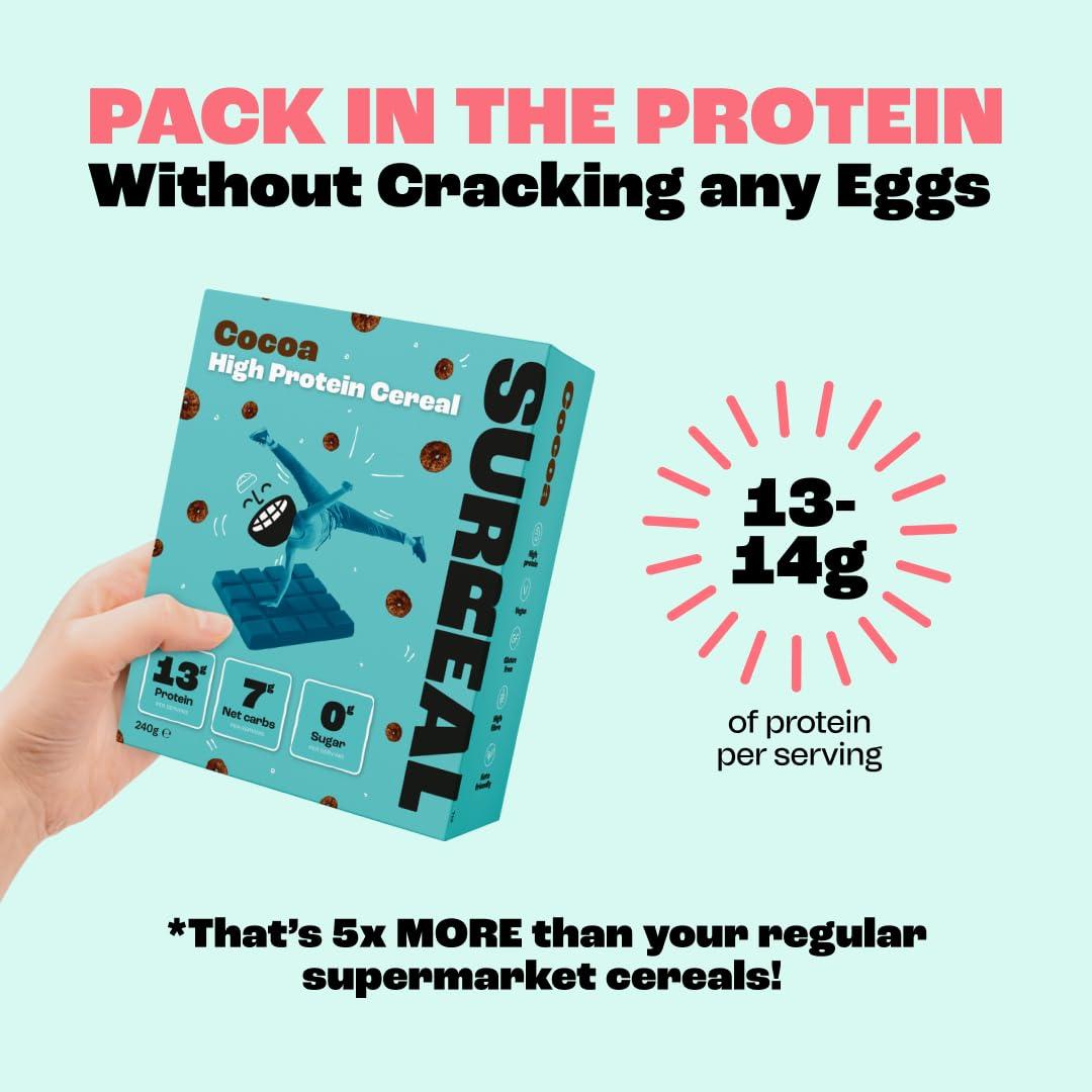 Surreal Surreal Cocoa - High Protein Cereal 6 Pack - Zero Sugar- Healthy Plant Based Cereal - High in Fibre - Low Carb - Gluten Free - Vegan - 13g of Protein, 0g of Sugar - 240g per Box