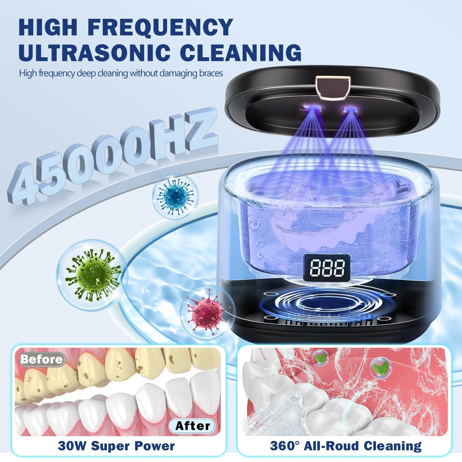 NDAN Ultrasonic Retainer Cleaner, Sonic Dental Cleaning U-V Machine for Dentures, Mouth Guard, Aligner, Toothbrush Head, Jewelry, All Dental Appliances, Portable 30W/45kHz (Black)