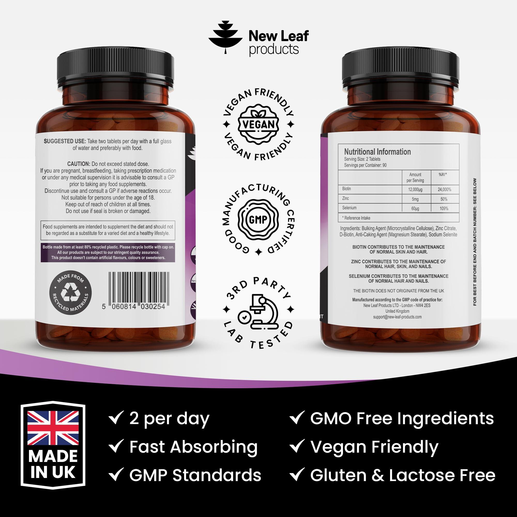 NEW LEAF PRODUCTS Biotin Hair Growth Vitamins 12,000mcg D-Biotin Tablets Enriched with Zinc & Selenium Vegan Hair Skin & Nails Vitamins for Women and Men High Strength Hair Vitamins 6 Months Supply UK Made - New Leaf