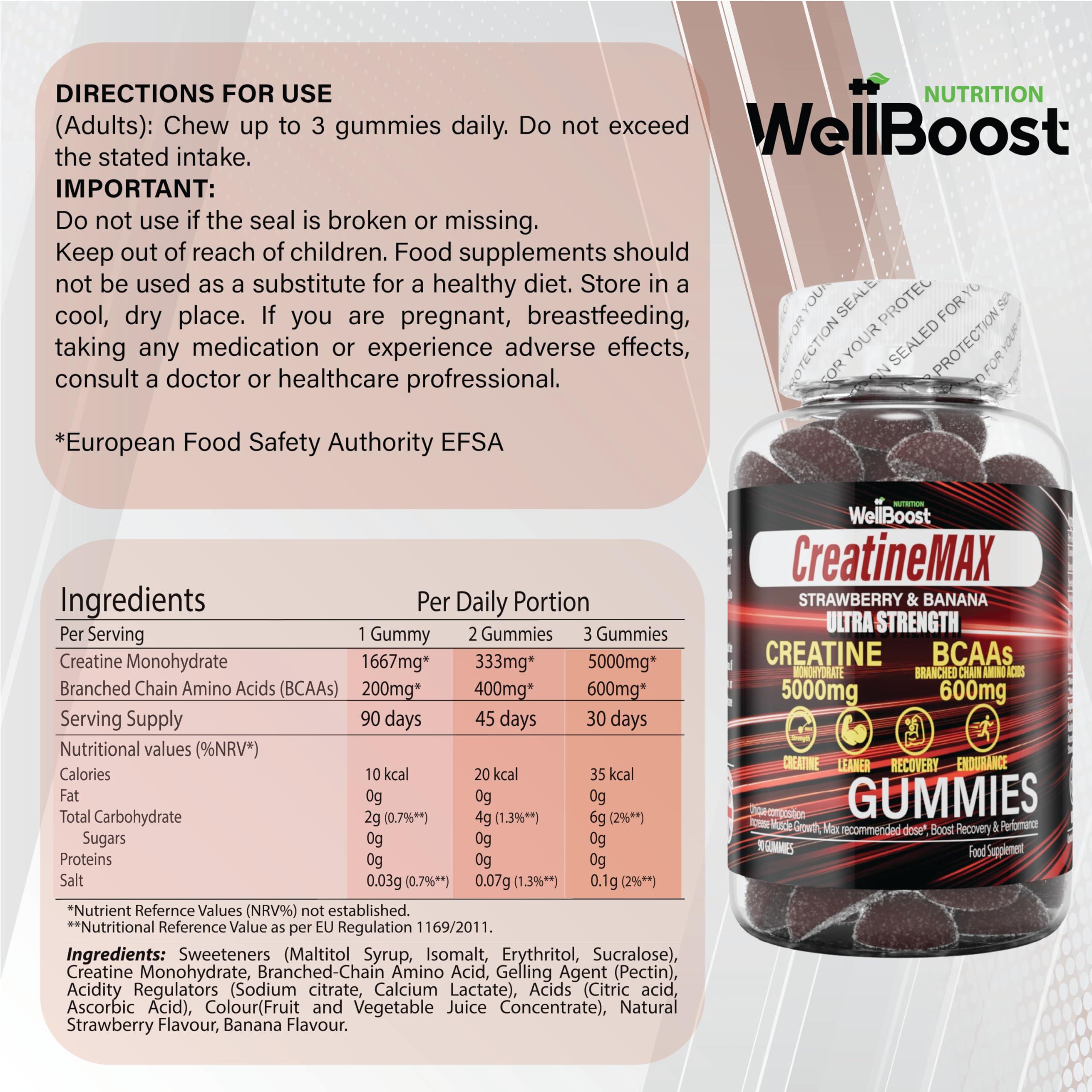 WellBoost WellBoost Creatine MAX Gummies - 5000mg Creatine Monohydrate & 600mg BCAAs per Serving - Vegan, Sugar-Free Chewable Gummies with Strawberry & Banana Flavour - 90 Gummies (1 Month Supply)