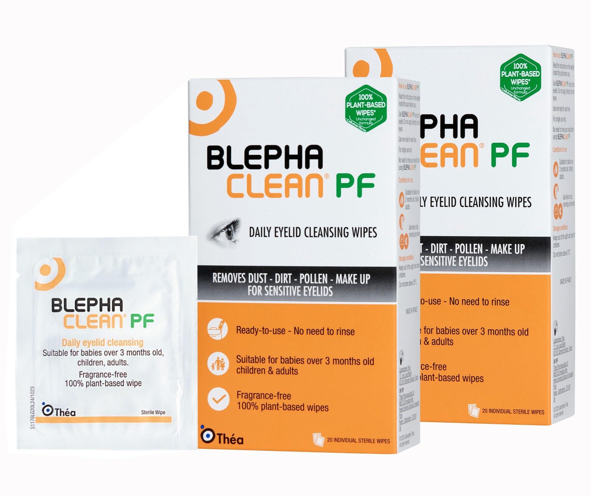 Blephaclean 40 Blephaclean PF Daily Eyelid Wipes - Gentle Cleansing for eyelids and Skin Around The Eyes | Suitable for Babies (Over 3 Months Old), Children and Adults | 20 Sterile Plastic-Free Wipes x 2 Packs