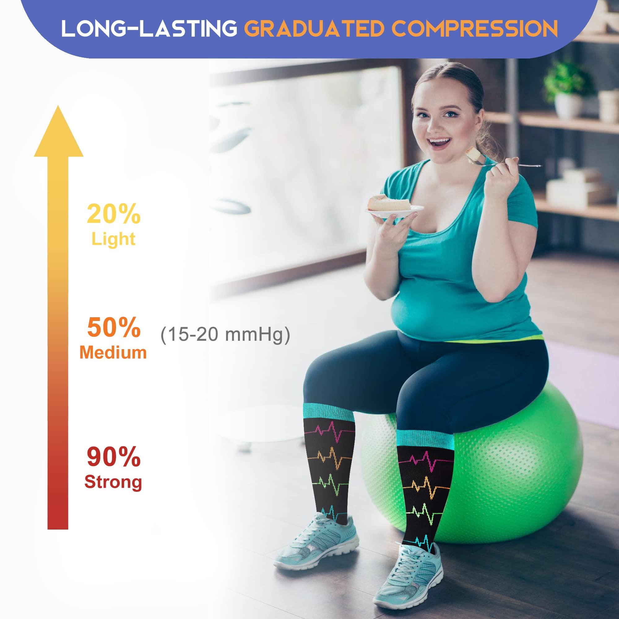 LEVSOX LEVSOX Plus Size Compression Socks for Women Men Wide Calf Extra Large 15-20 mmHg Knee High Sock for Nurses Pregnant Travel, 3 Pairs/Black Mix Patterns, XL