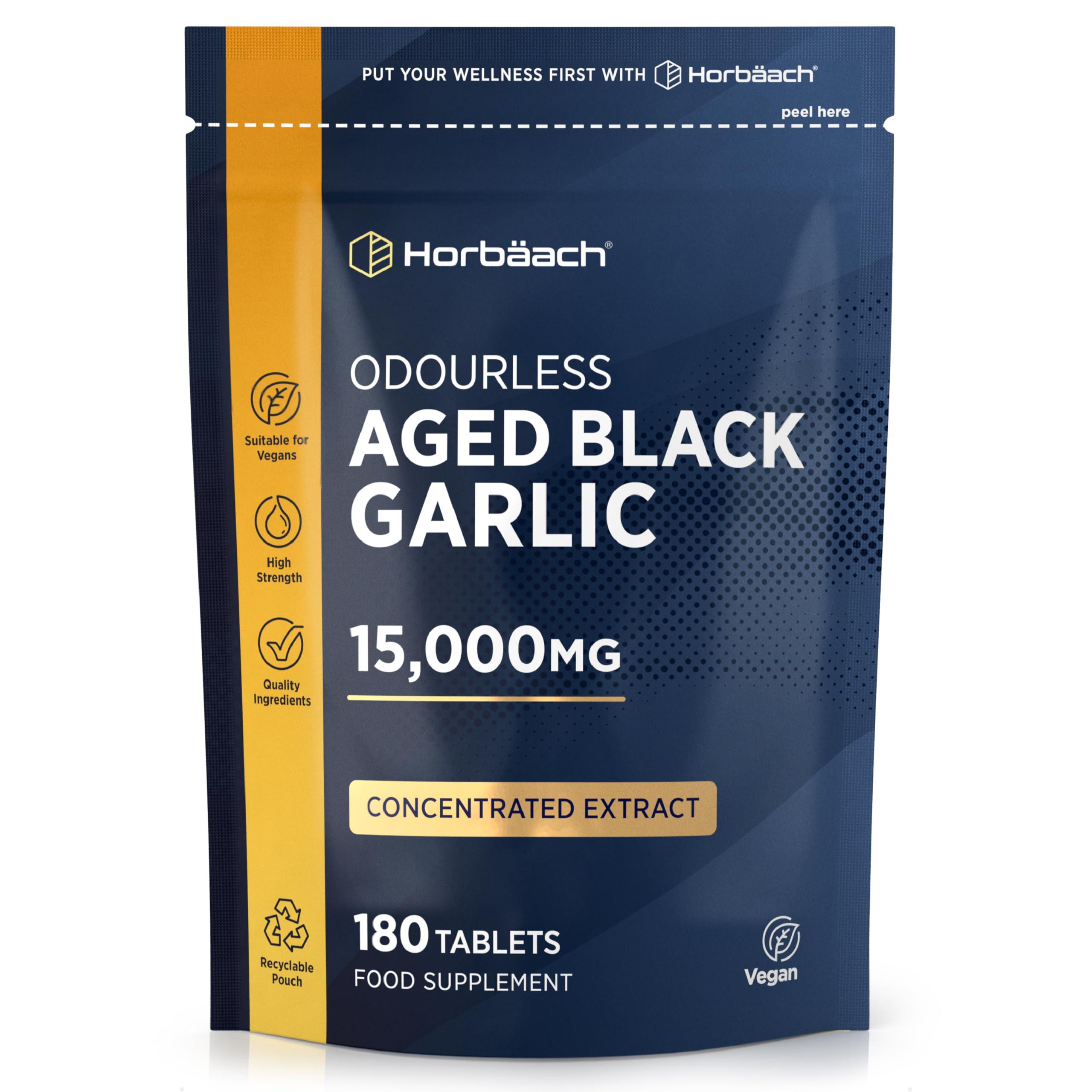 Horbach Black Garlic Tablets 15000mg | 180 Count | High Strength Odourless Concentrated Garlic Extract | Aged Black Garlic Vegan Supplement | by Horbaach