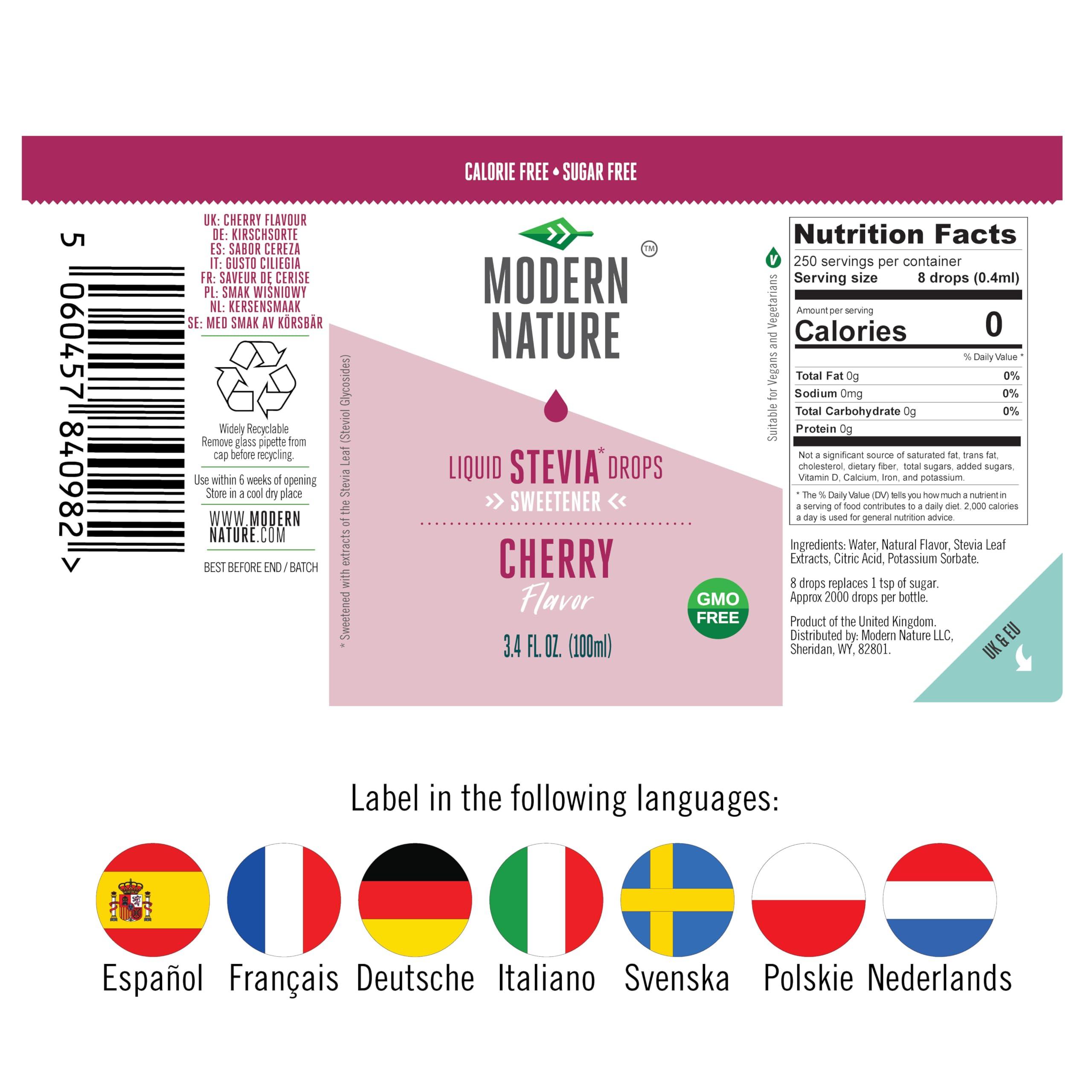 Modern Nature Modern Nature Cherry Flavour Drops - Liquid Stevia Drops Sweetener - Zero Calorie Sugar Free Squash & Syrup Alternative Flavour Water, Protein Powder, Yoghurt, Iced Tea - Vegan, Keto Sweetner 100ml