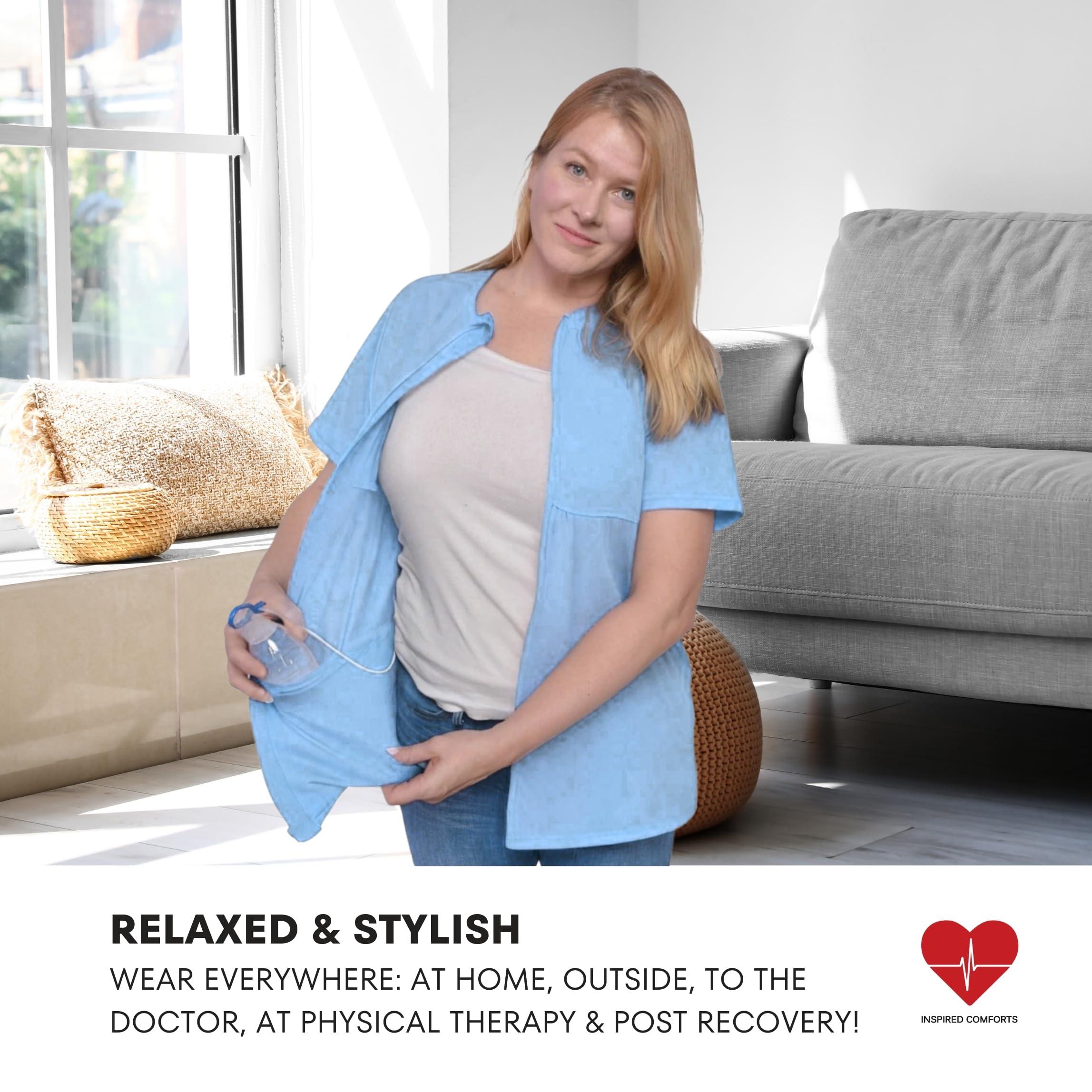 Inspired Comforts Inspired Comforts Mastectomy Recovery Shirt with Drain Pockets & Fasteners to Hold Drainage Tubes - blue - XX-Large