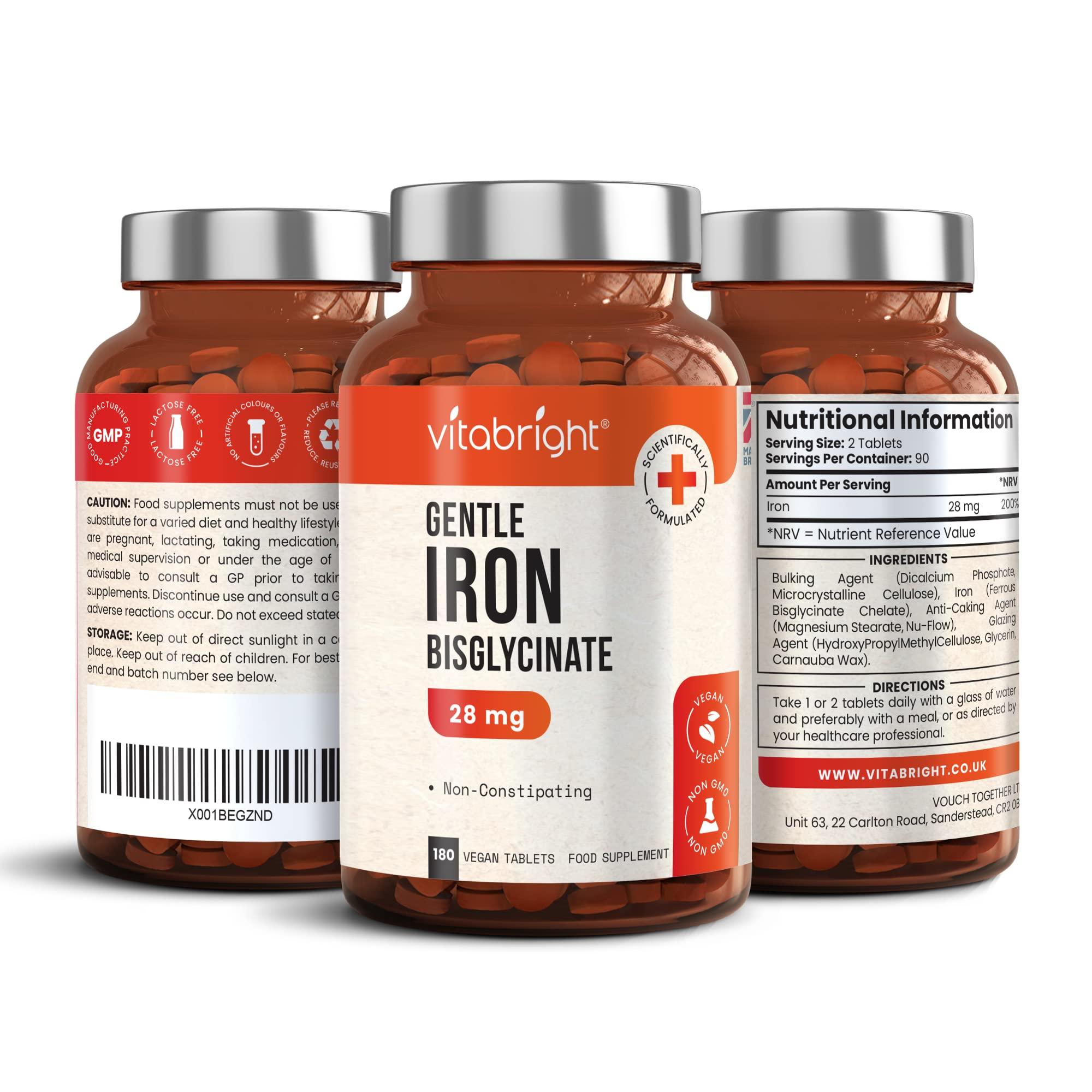 VitaBright Gentle Iron Tablets High Strength 28mg Vegan Iron Tablets Women & Men, Chelated (Organic) Iron Supplements for Women & Teens, Energy Tablets for Tiredness, VitaBright Strong Iron Bisglycinate