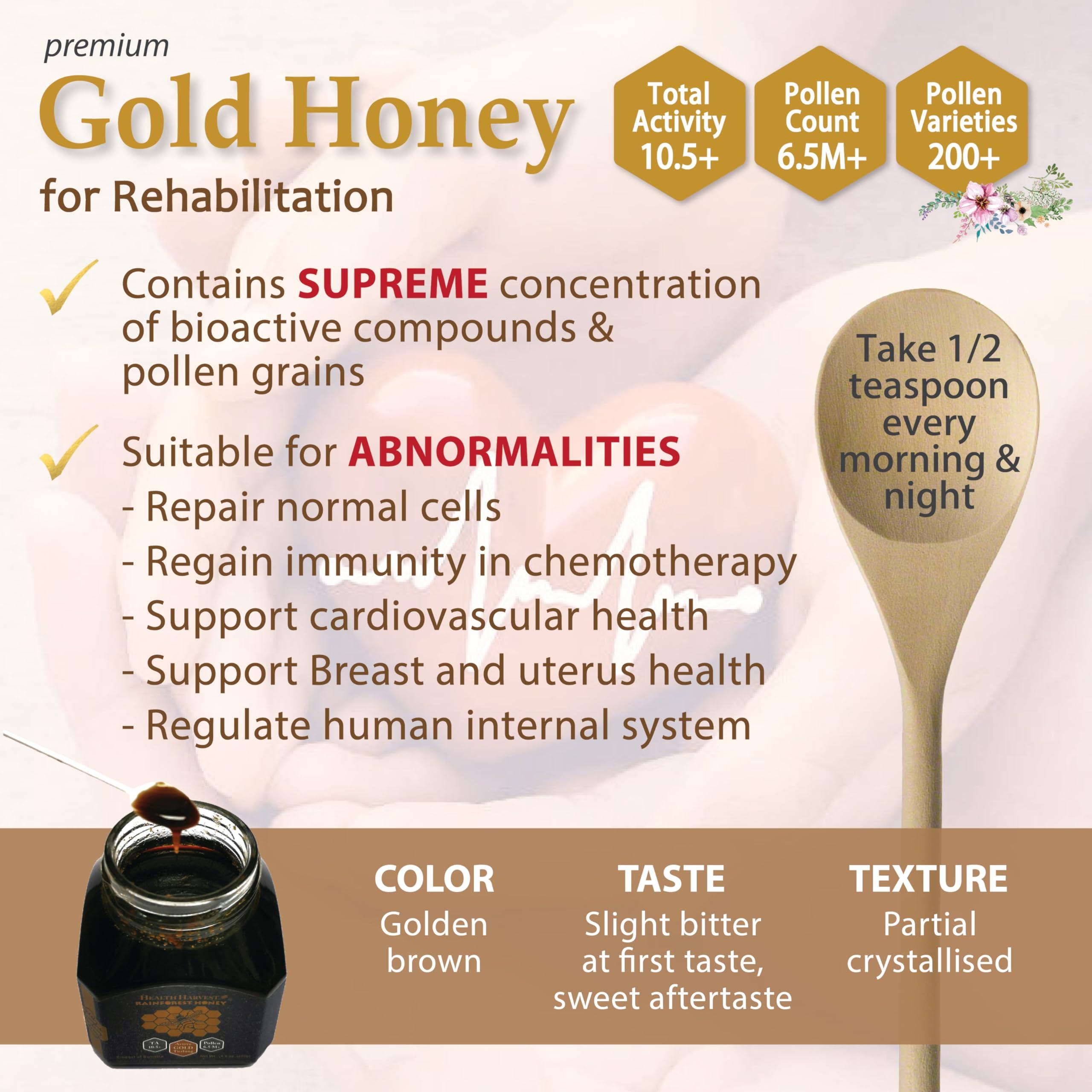 Health Harvest Premium Tualang Gold Honey 50g (TA 10.5+, Pollen Count 6.5M+, Pollen Variety 200+) Supreme Choice for Rehabilitation, Wild-ripening on 250ft Treetop, Raw, Unpasteurised, Unfiltered