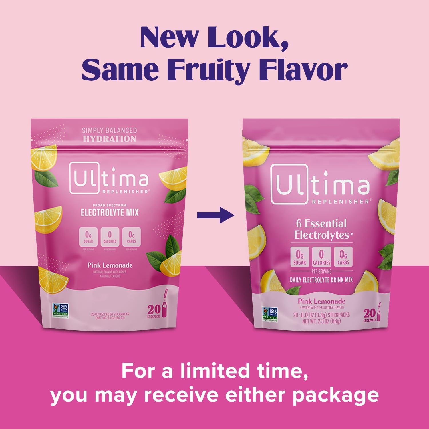 Ultima Replenisher Ultima Replenisher Daily Electrolyte Powder Drink Mix Sugar Free Pink Lemonade, 20 Stickpacks Hydration Packets with 6 Electrolytes and Trace Minerals Keto Friendly, Vegan, Non-GMO