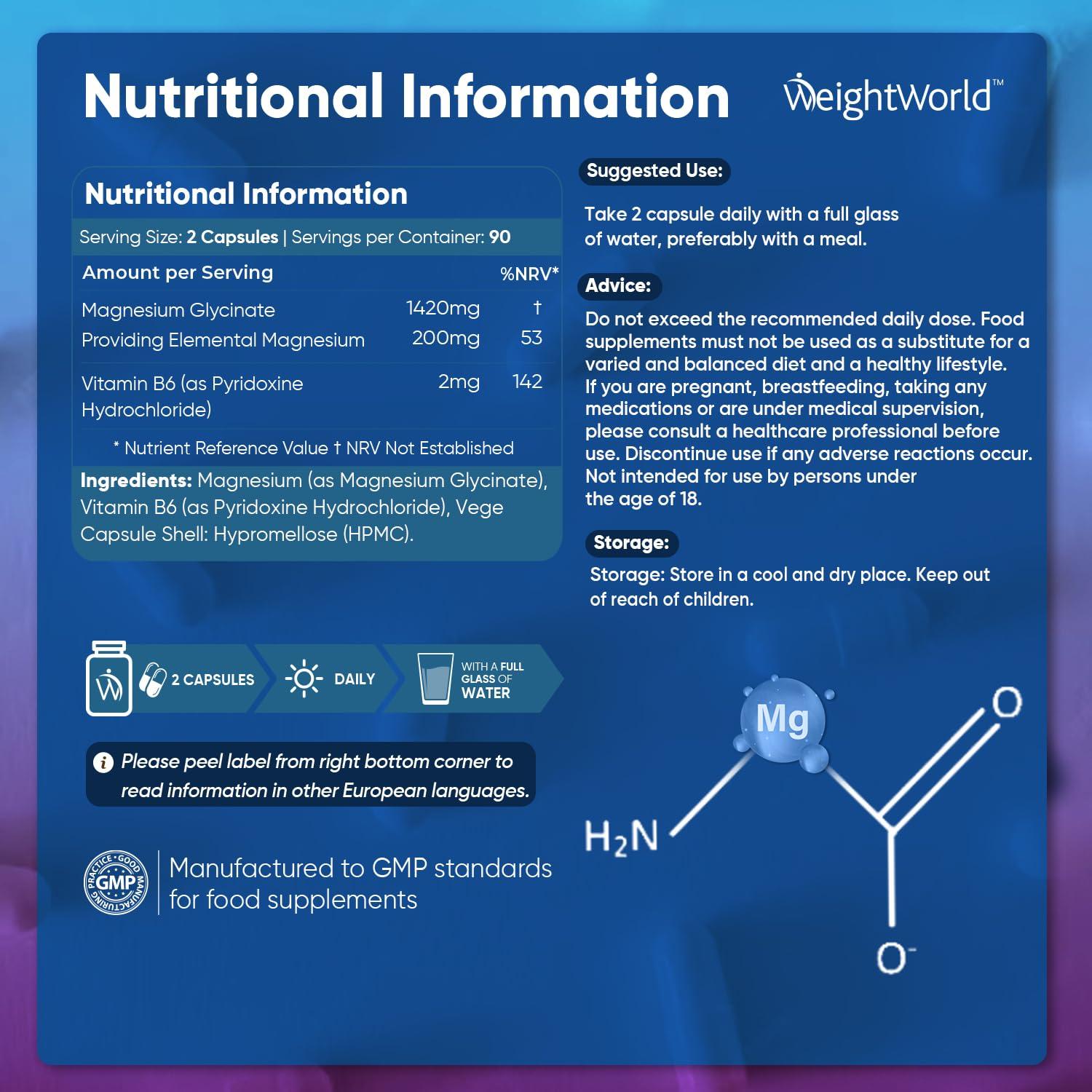 WeightWorld Magnesium Glycinate with Vitamin B6-1420mg Pure Magnesium Bisglycinate Powder Capsules - 180 Magnesium Bisglycinate Capsules - 3 Months Supply - High-Strength Magnesium Supplements