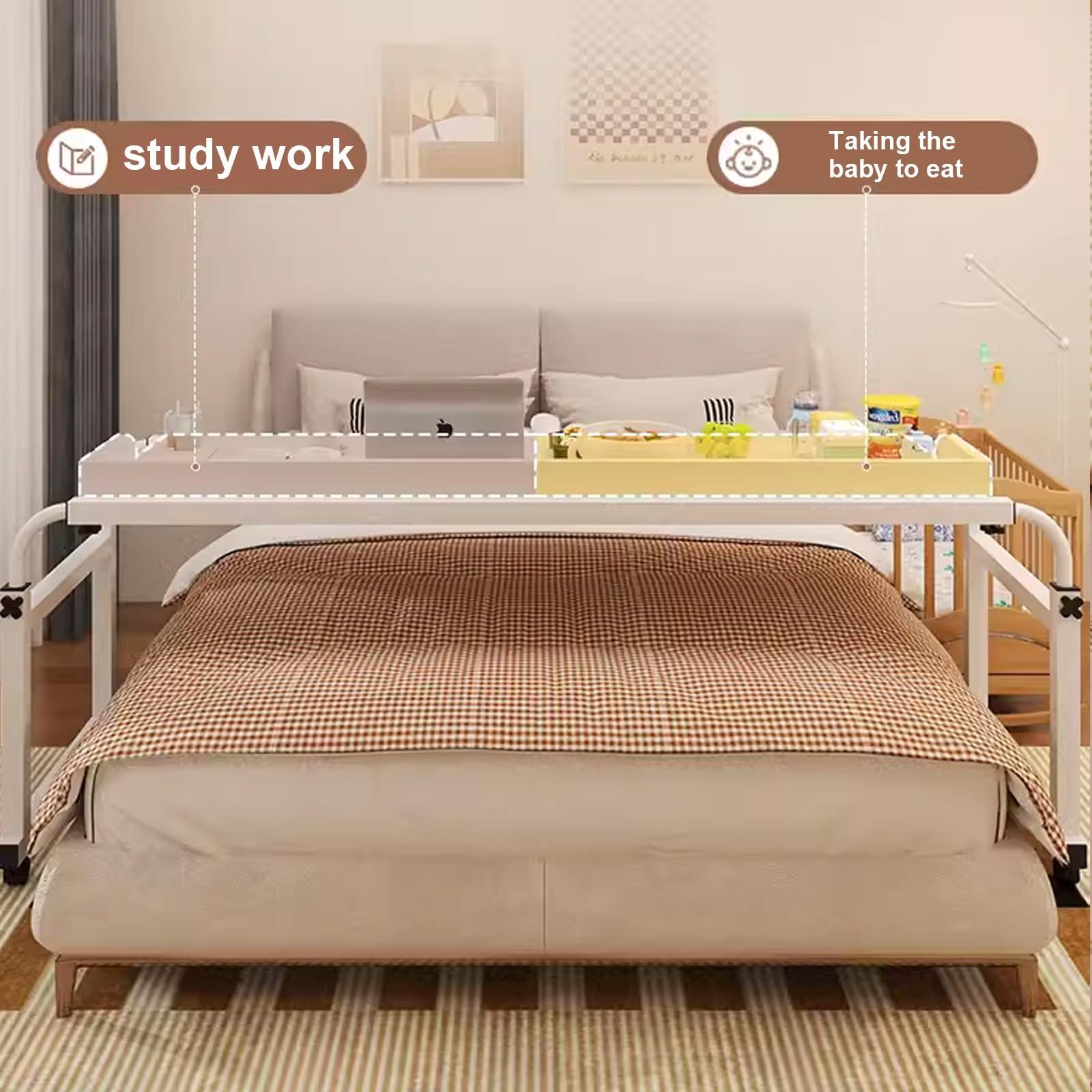 FreshCart Basics Rolling Bed Table, Adjustable Height Over Bed Table with Wheels for Queen Size Beds - Mobile Computer Desk, Laptop Cart, Standing Workstation