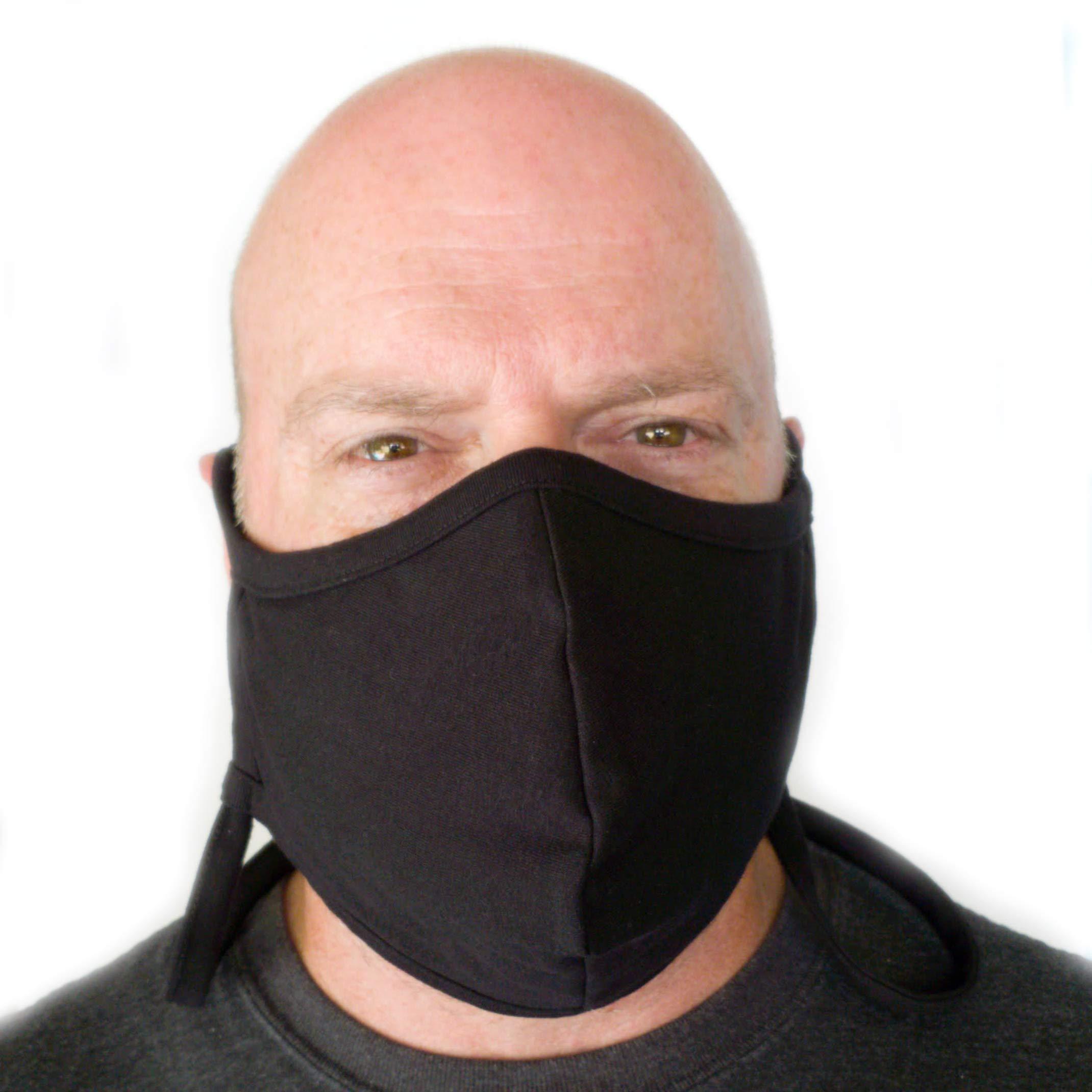 Buttonsmith Buttonsmith Black Adult XL Cotton Adjustable Face Mask with Built-in Lanyard - Quantity 1 - Two Layer Soft T-Shirt Material - Washable - Made in The USA