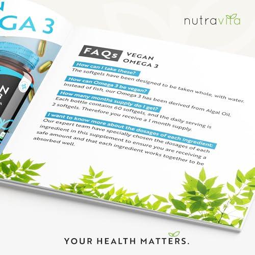 Nutravita Vegan High Strength Omega 3 2000mg Soft Gels - 600mg DHA & 300mg EPA per Serving - Plant-Based Omega 3 Softgels Derived from Sustainable Algal Oil - 60 Vegan Softgels - Made in The UK by Nutravita