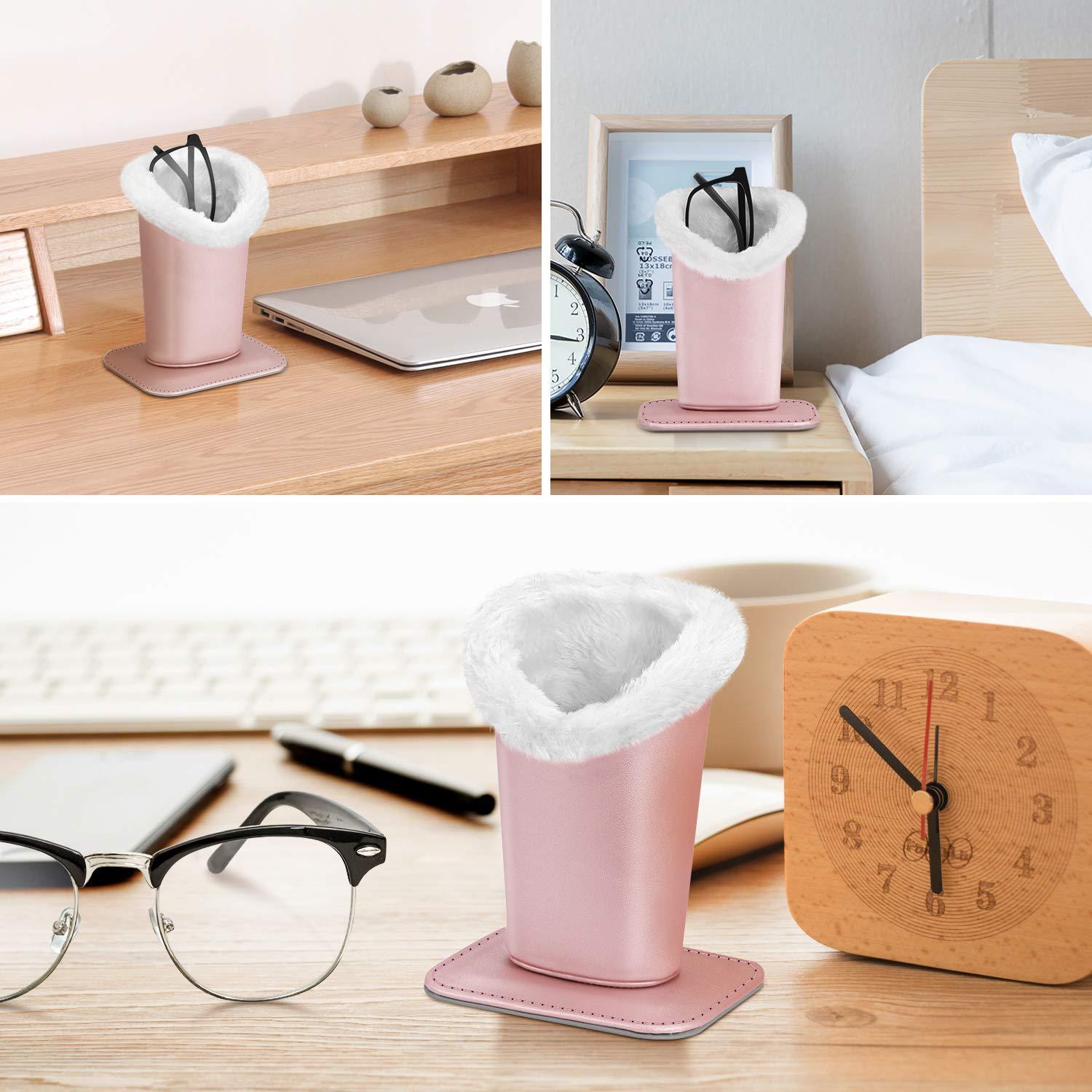 FINTIE Fintie Plush Lined Eyeglasses Holder with Magnetic Base- Premium Vegan Leather Glasses Stand Case, Rose Gold, 5.51*3.94*3.54