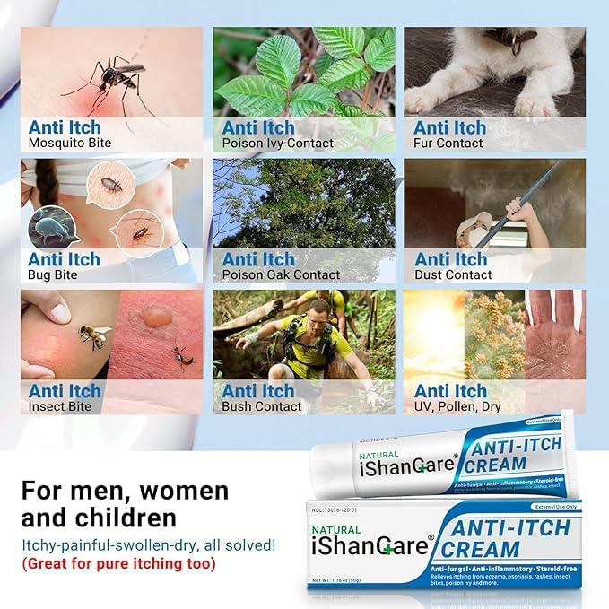 ishancare iShanCare Anti Itch Cream, Maximum Strength Instant Itch Relief for Rash, Eczema, Bug/Mosquito Bites, Psoriasis, Poison Ivy, Dermatitis, Soothing Moisturizer for Dry, Sensitive Skin