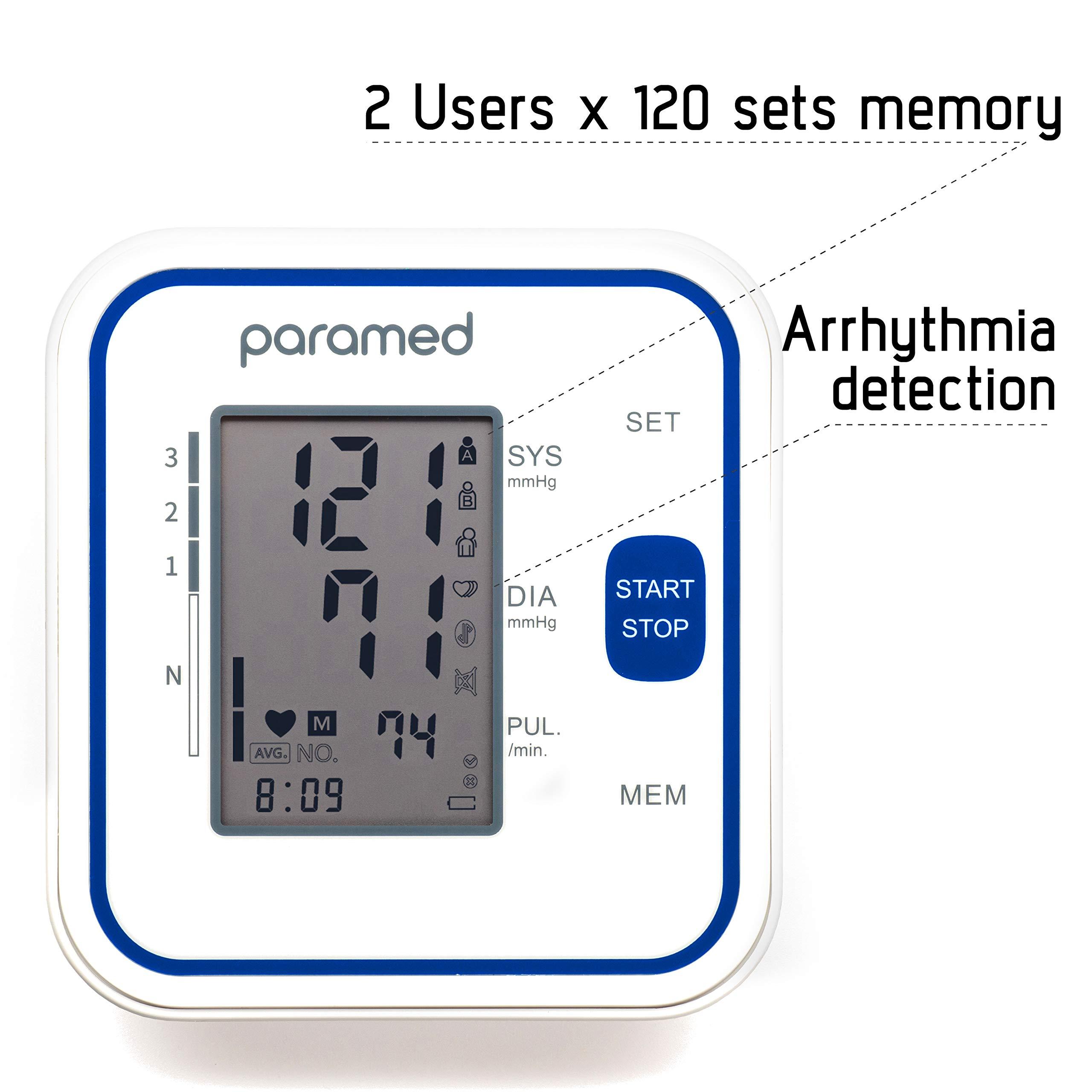PARAMED PARAMED Blood Pressure Monitor: Automatic Upper Arm BP Monitor with Cuff 8.7"-15.7" - Digital BP Machine & Irregular Heartbeat Detection, 120 Readings Memory - Large LCD - Batteries & Pouch Included