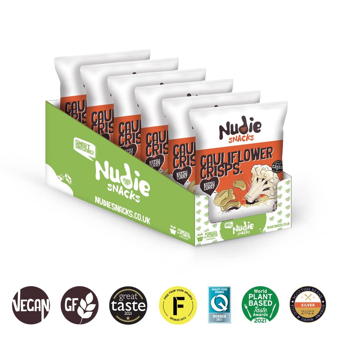 Nudie Snacks Healthy Snacks - Cauliflower Crisps by Nudie Snacks - Perfect Snack food for Kids Lunchboxes and Health Conscious Adults - 100% Vegan + Gluten Free - Katsu Curry (80g Sharing Bags)