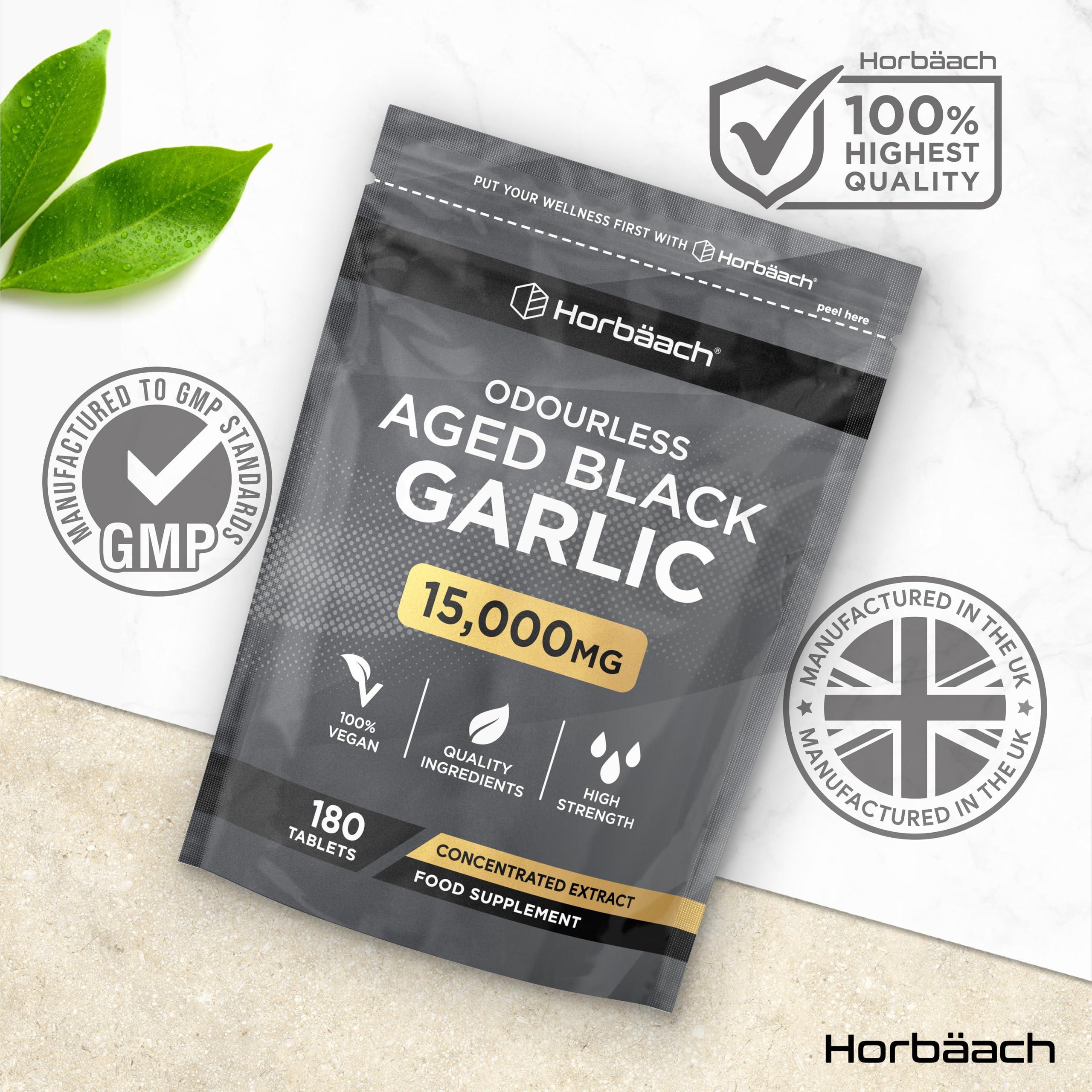 Horbach Black Garlic Tablets 15000mg | 180 Count | High Strength Odourless Concentrated Garlic Extract | Aged Black Garlic Vegan Supplement | by Horbaach