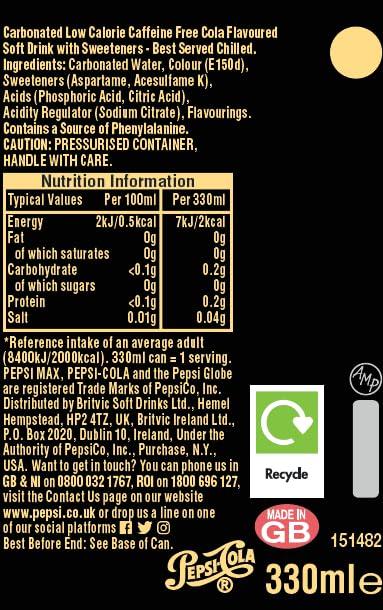 Pepsi Pepsi Max 24pk x 330ml No Caffeine (Pack of 2)