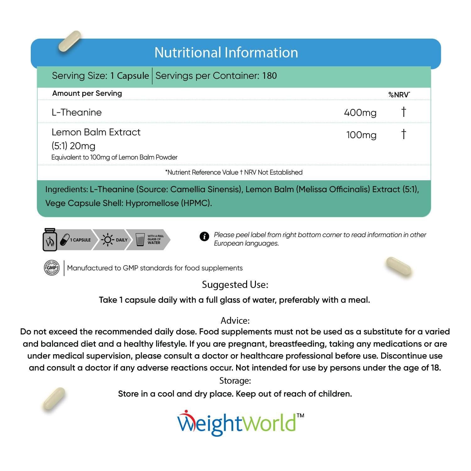 WeightWorld L Theanine with Lemon Balm 500mg - 180 Vegan Capsules - Natural Nootropics L-Theanine Supplements - High Strength L-Theanine Capsules - 6 Months Supply - Alternative to Coffee - Non GMO & Gluten Free
