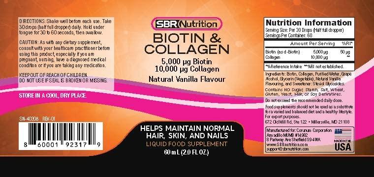 SBR Nutrition SBR Nutrition Biotin and Collagen Liquid Drops Daily Food Supplement, Vitamins for Hair Growth and Thickening, Skin Health and Nail Strength, 2 oz (60mL)