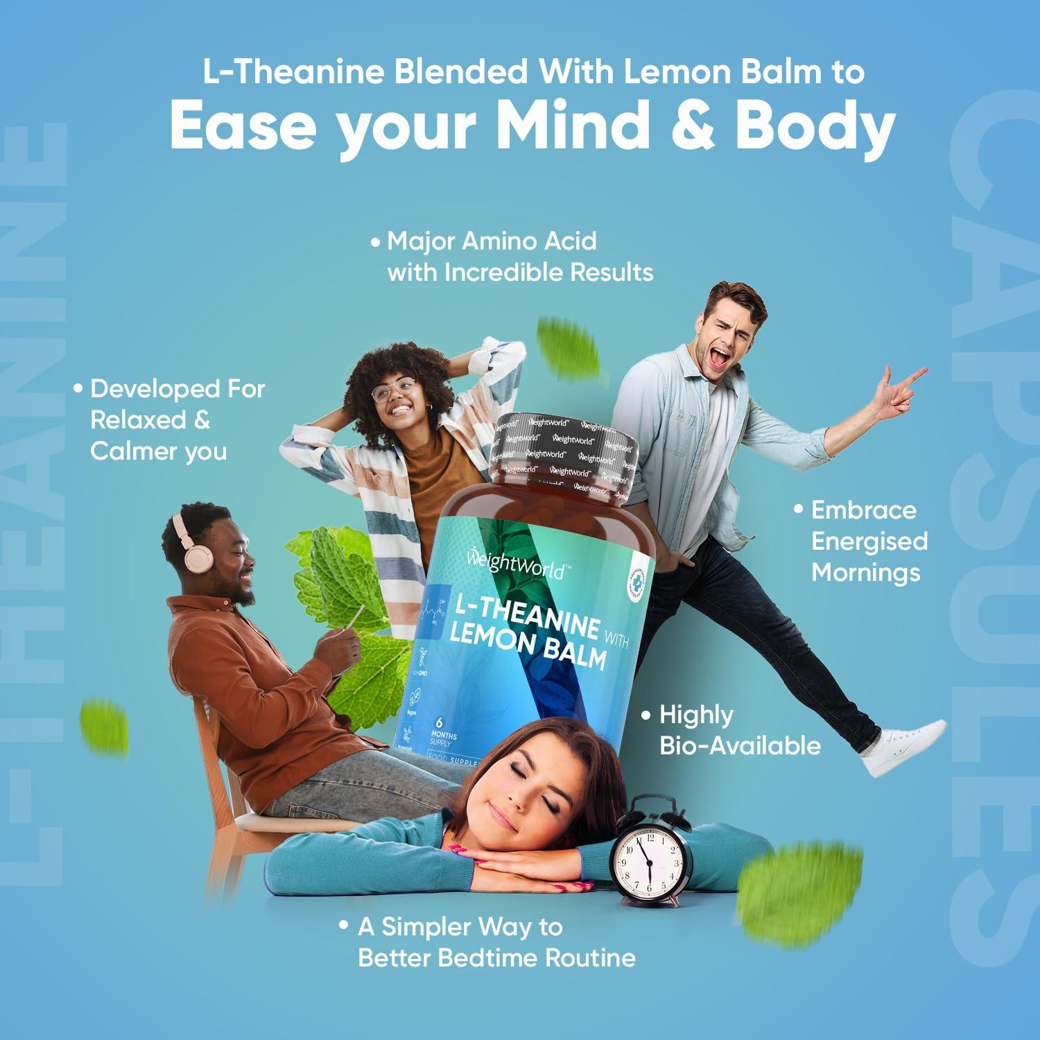 WeightWorld L Theanine with Lemon Balm 500mg - 180 Vegan Capsules - Natural Nootropics L-Theanine Supplements - High Strength L-Theanine Capsules - 6 Months Supply - Alternative to Coffee - Non GMO & Gluten Free