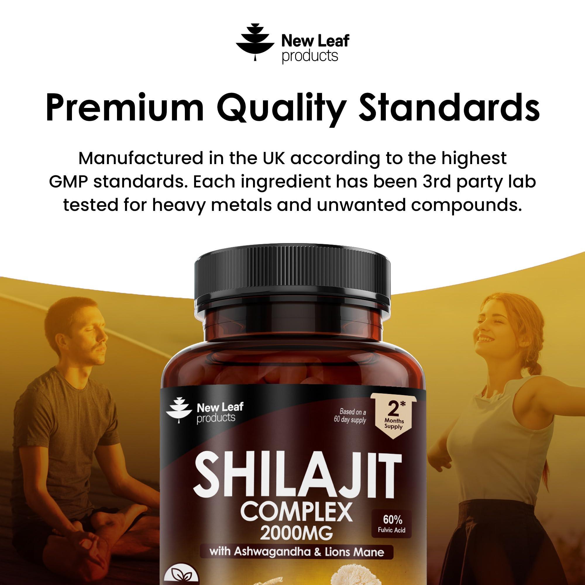 NEW LEAF PRODUCTS Shilajit Complex - Himilayan Shilajit enriched with Ashwagandha & Lions Mane, High Strength 2000mg Shilajit Complex Capsules with 60% Fulvic Acid - 2 Months Supply Made in The UK by New Leaf