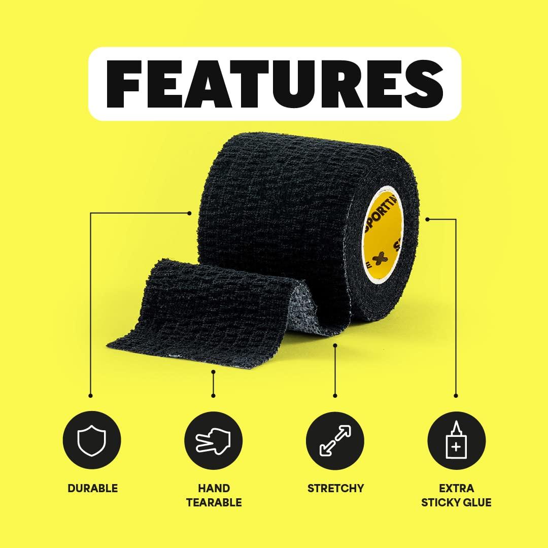 SPORTTAPE Box of 24 Rolls - SPORTTAPE EAB Tape | 7.5cm x 4.5m - Black - Tearable Elastic Adhesive Bandage | Rugby Lifting Tape, Tear Light Strapping Tape | Medical, Lifting Blocks, Knee Strapping, Elbow & Wrist