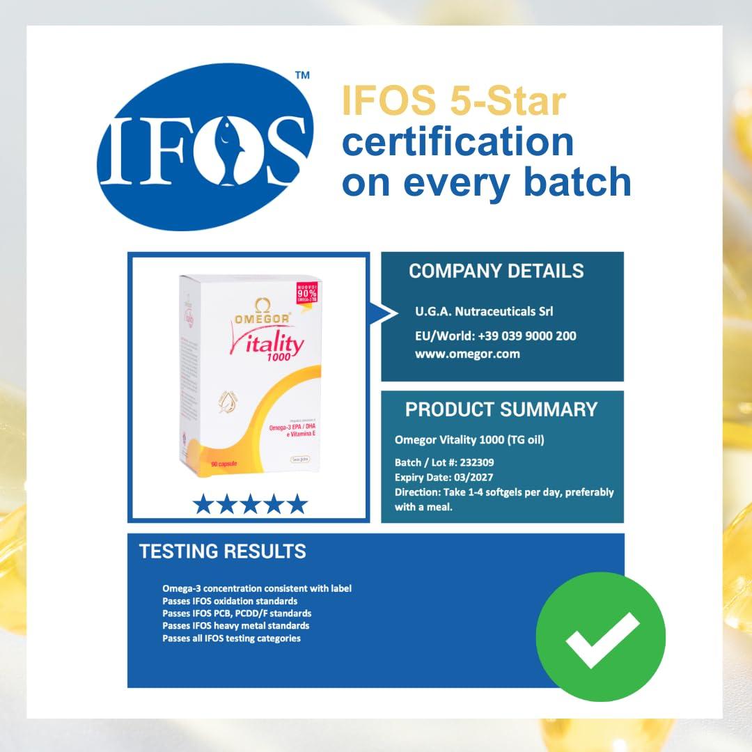 OMEGOR OMEGOR Vitality 1000-90 Capsules - Omega-3 with 800mg EPA/DHA per Capsule | The Only Omega-3 IFOS 5-Star Certified Since 2006 | 90% Omega-3 in rTG Form | High Dosage EPA and DHA