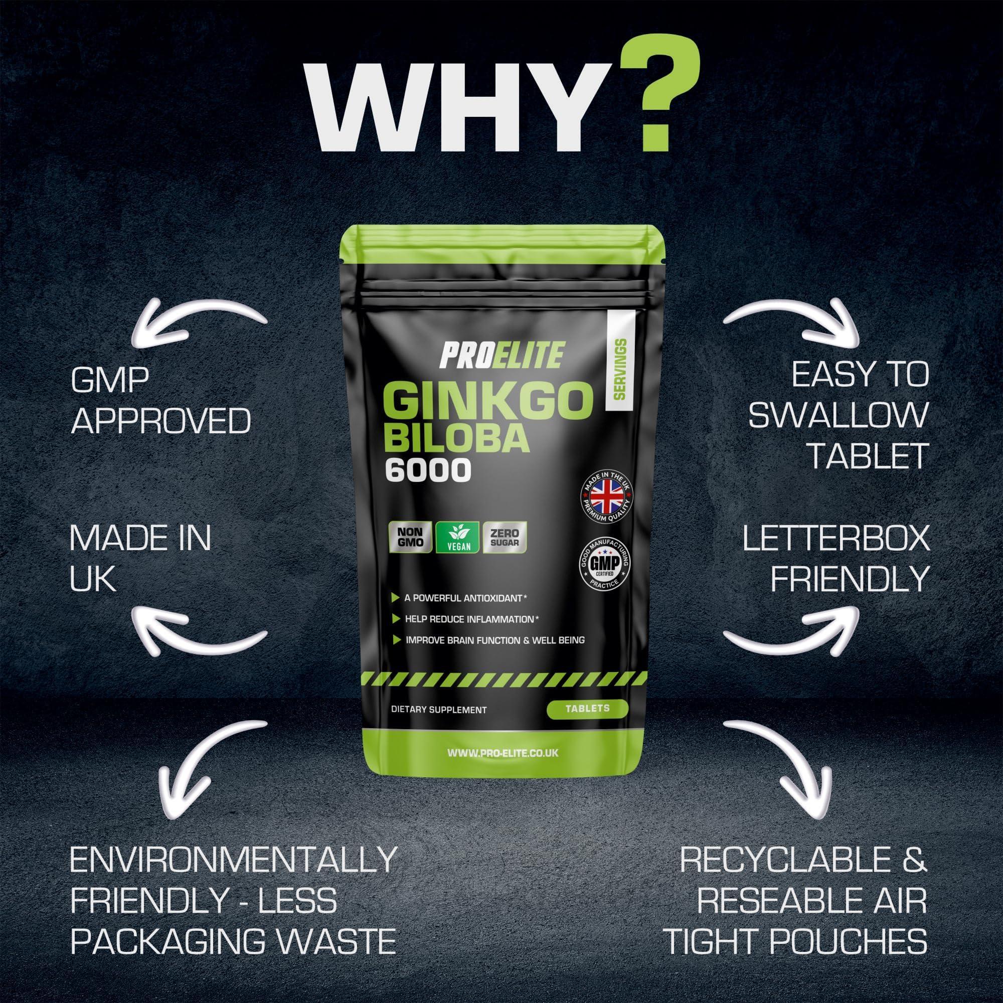 PROELITE Ginkgo Biloba 6000mg - High Strength Vegan Ginkgo Biloba Leaf Extract 180 Tablets 50:1 Extract ? Gluten Free, GMO Free - Made in UK by PROELITE