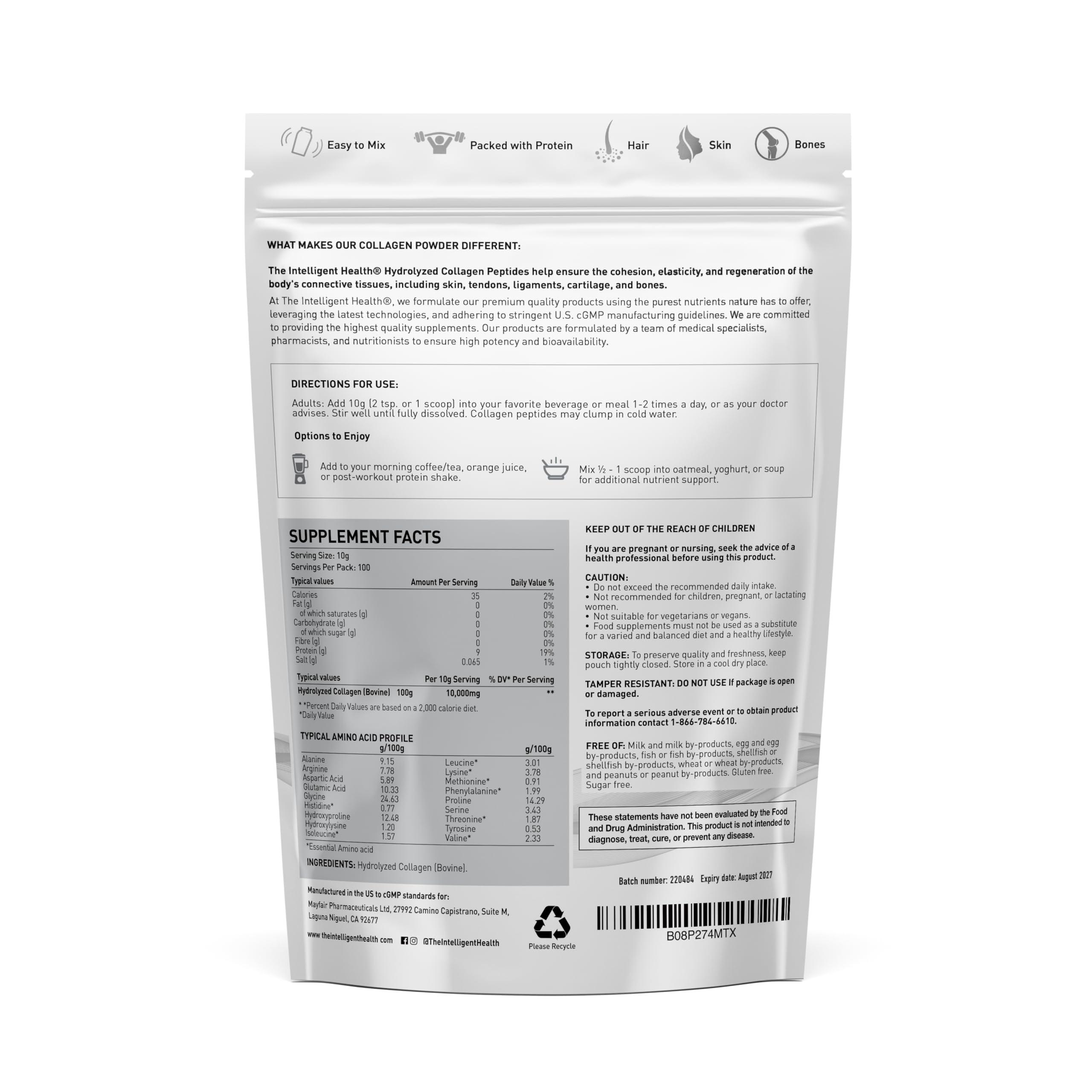 The Intelligent Health Hydrolysed Collagen Powder (Bovine) - High Protein Grass Fed Unflavoured Peptides- Collagen Supplements for Women | Gluten Free, Paleo & Keto Friendly (1KG)