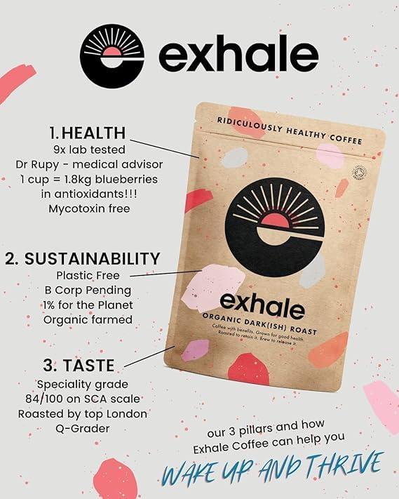 EXHALE EXHALE Organic Ground Coffee 225G PACK - Mycotoxin Free & Suitable for Bulletproof Coffee. Single Origin and 100% Arabica Beans. For Cafetiere, Filter or AeroPress - Dark Roast