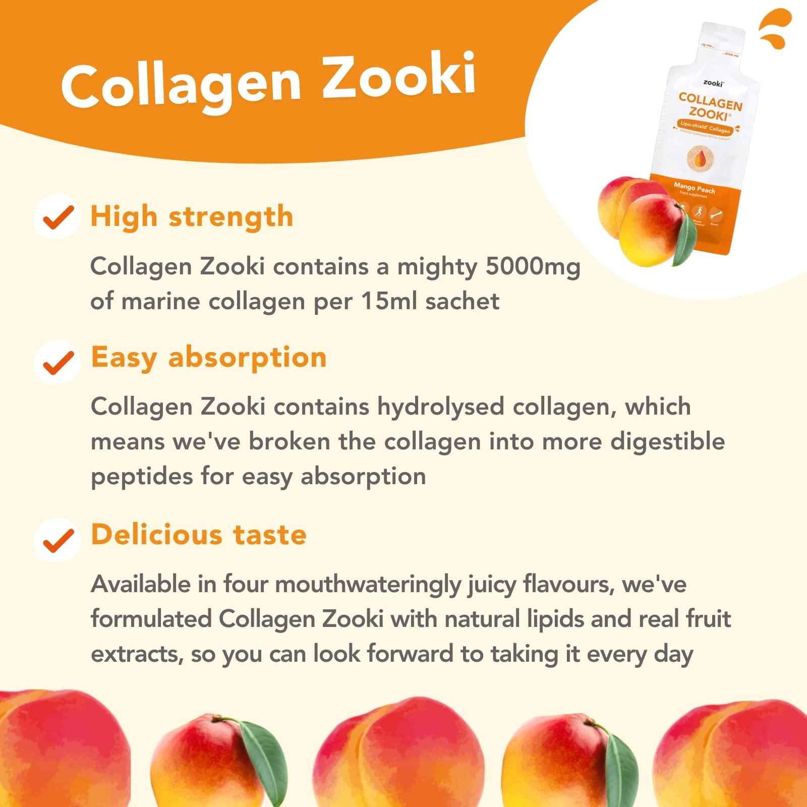 Zooki Zooki Marine Collagen Liquid Sachets 5,000mg Great Taste, Sugar Free High Strength Marine Collagen Supplements for Women & Men Skin, Joints & Hair (Mango Peach Flavour, 14 Servings)