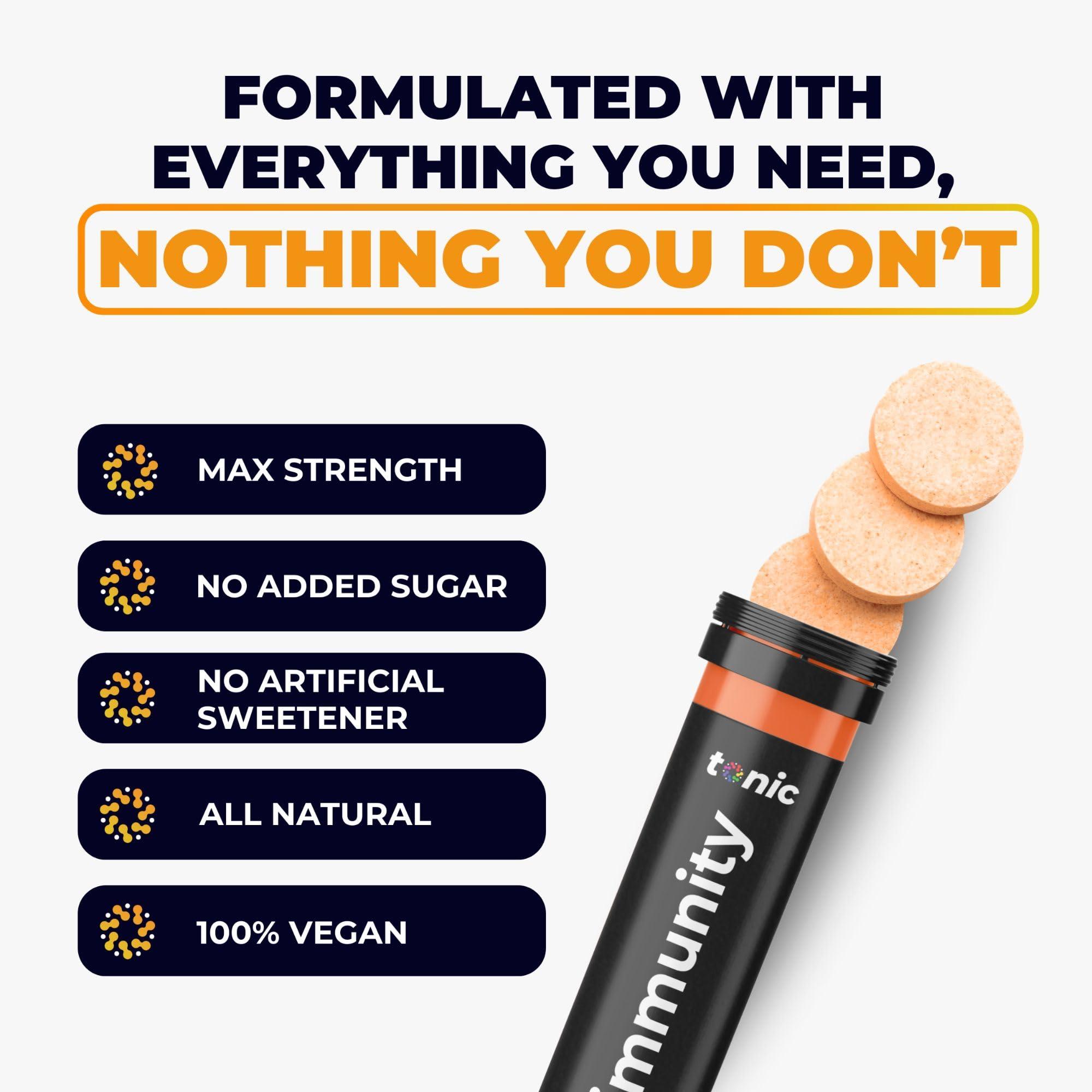 Tonic Health Tonic Health Daily Immunity Tablets - 4-in-1 Effervescent Multivitamins, Minerals & Phytonutrients - Vitamin D, Vitamin C and Zinc - Vegan,No Sugar- Max Strength, Orange, Mango, Passionfruit, 20 Count
