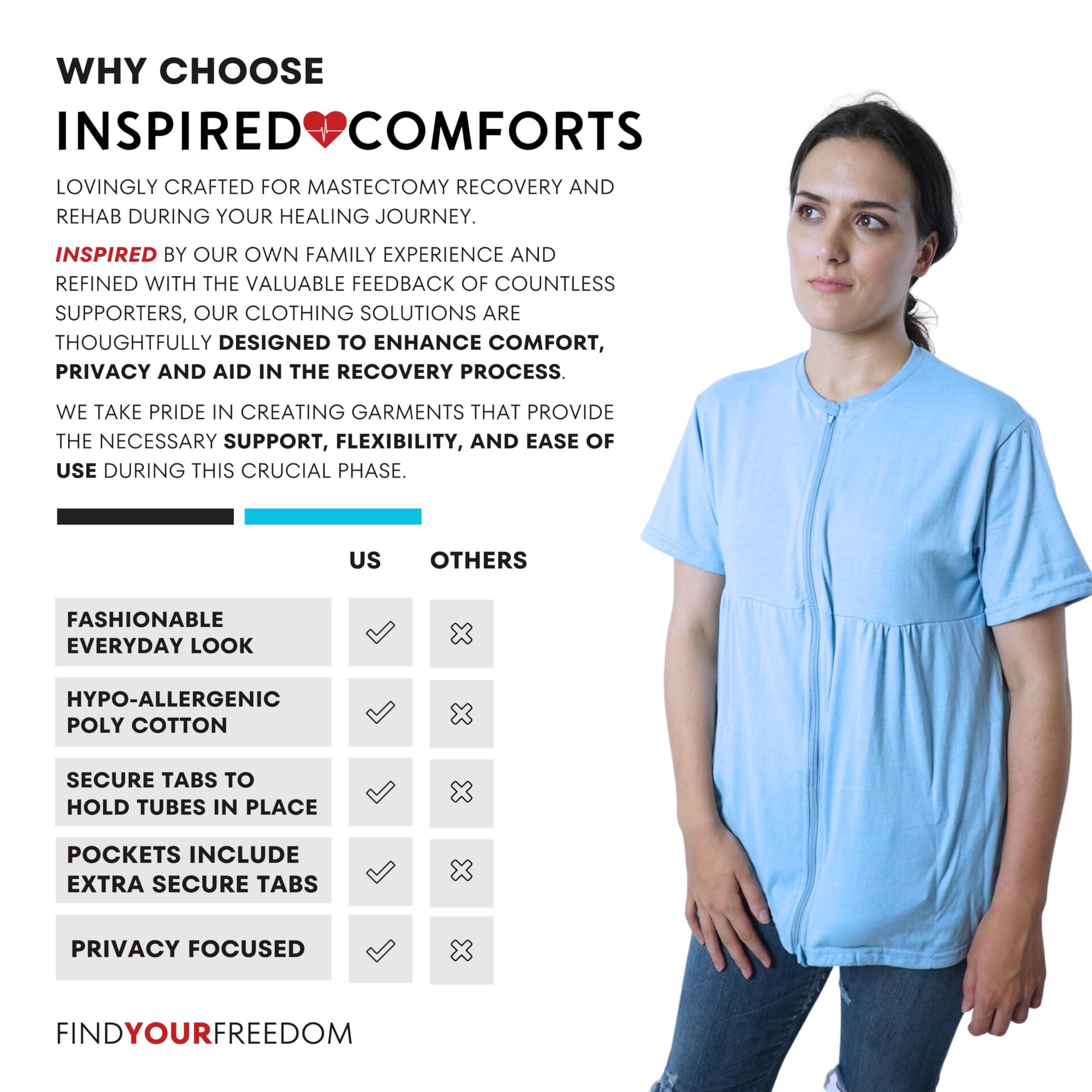 Inspired Comforts Inspired Comforts Mastectomy Recovery Shirt with Drain Pockets & Fasteners to Hold Drainage Tubes - blue - XX-Large